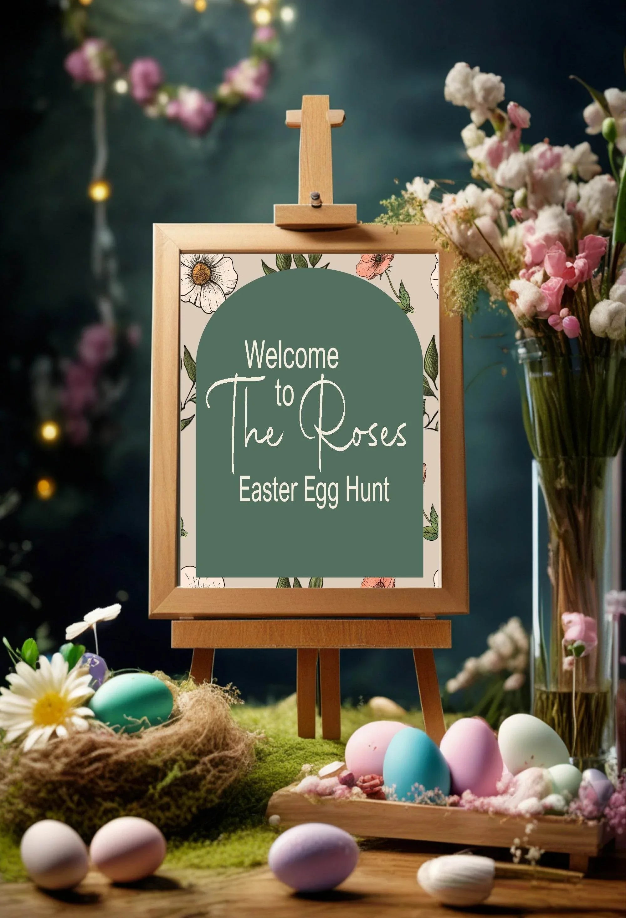 Forest Green Floral Arch Welcome Easter Egg Hunt Sign - Larosier Prints