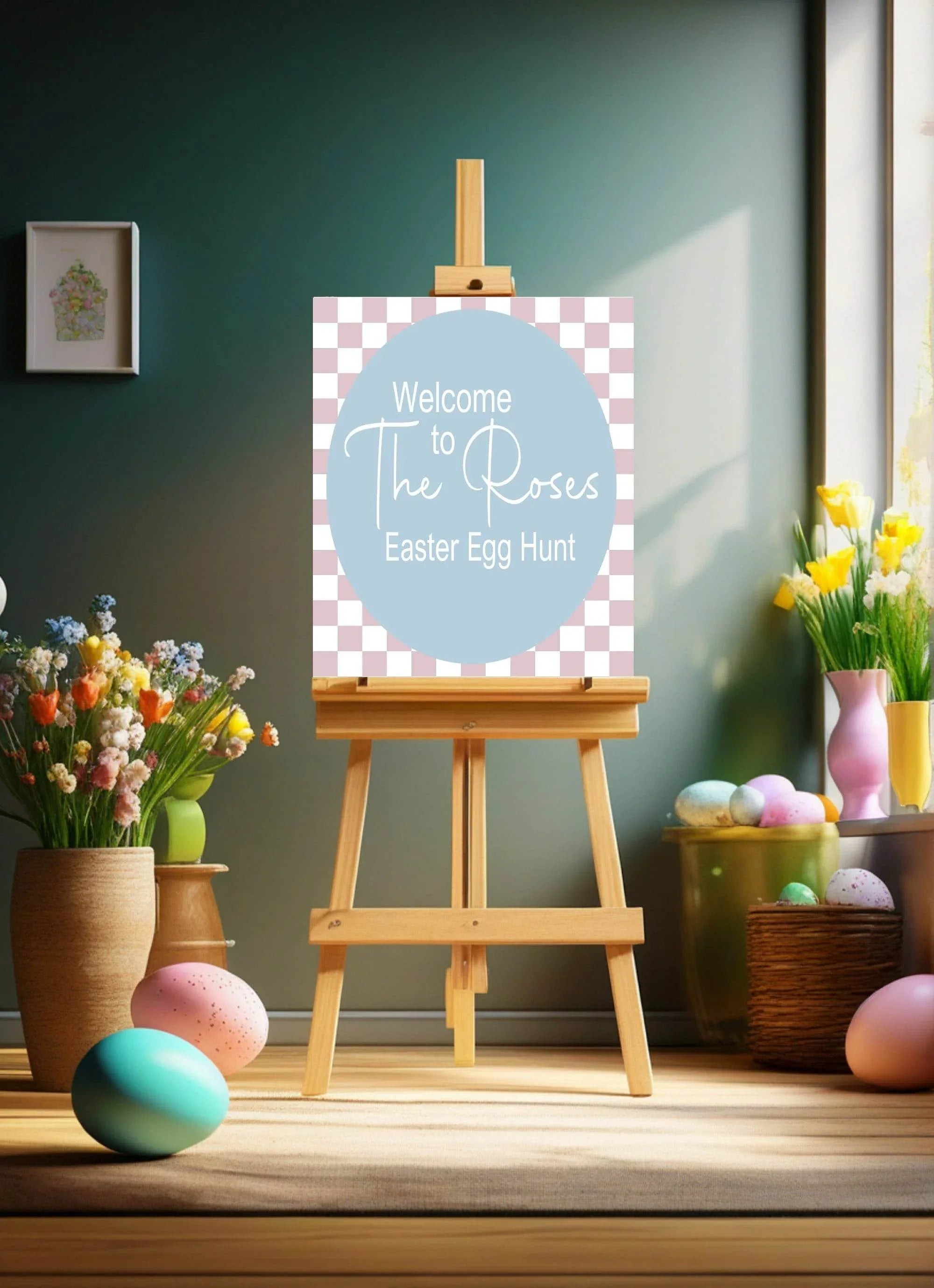 Pastel Checkerboard Welcome Easter Egg Hunt Sign | Colour Options - Larosier Prints