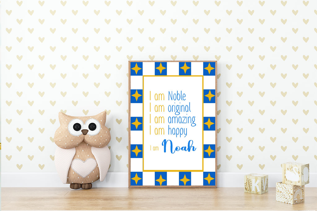 Blue Checked & Stars Acrostic Name Poem Wall Art Print