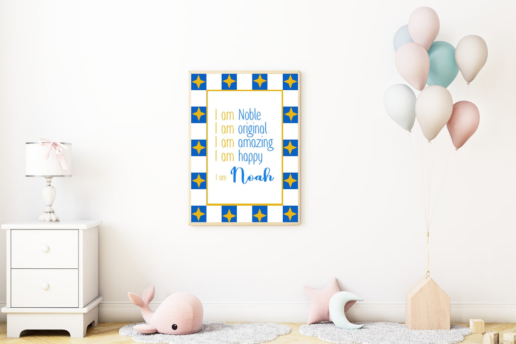 Blue Checked & Stars Acrostic Name Poem Wall Art Print
