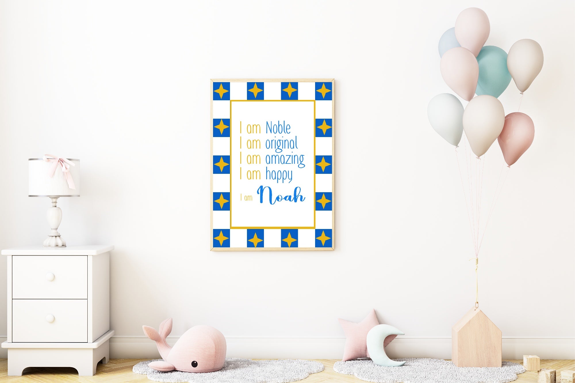 Blue Checked & Stars Acrostic Name Poem Wall Art Print