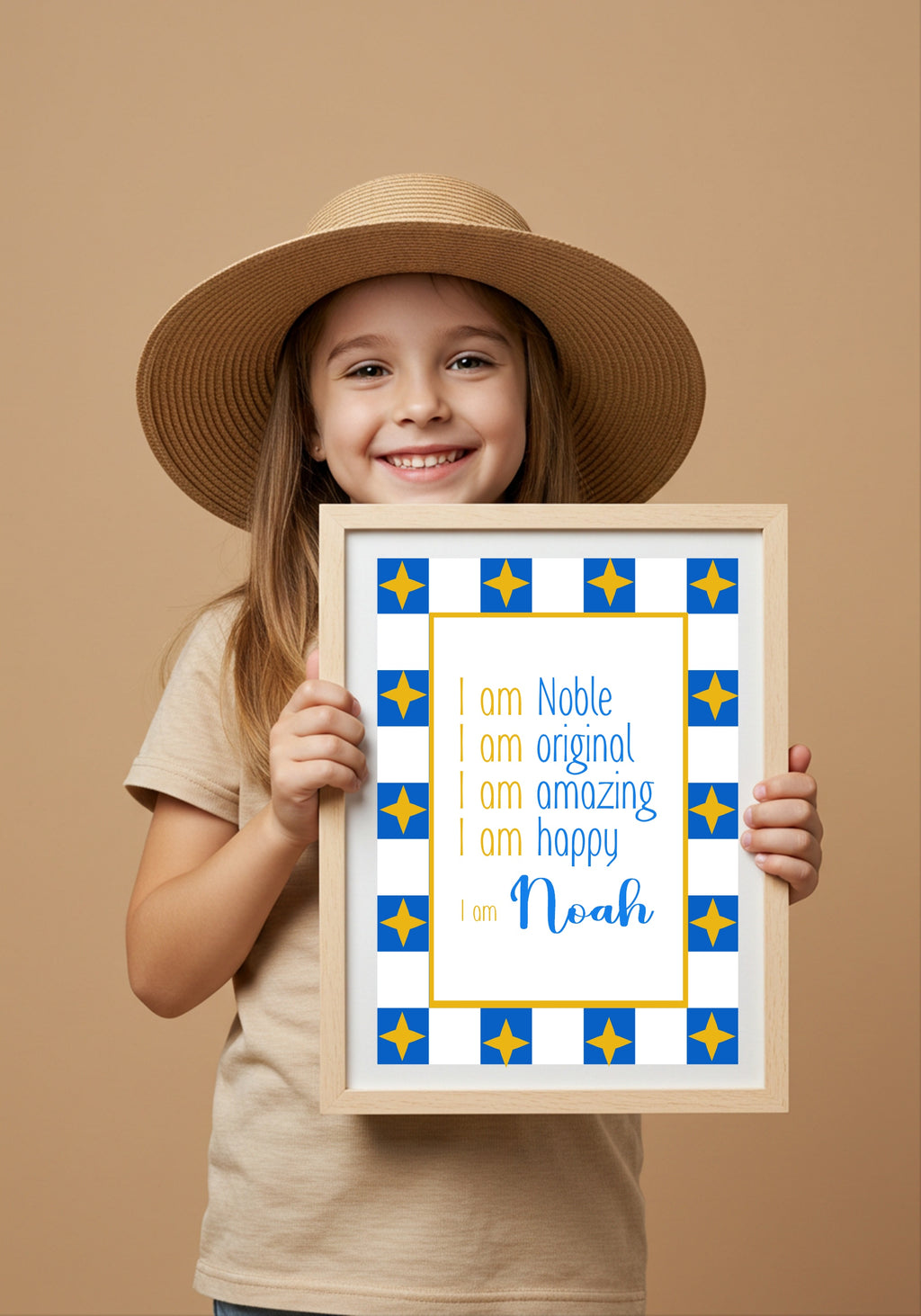 Blue Checked & Stars Acrostic Name Poem Wall Art Print