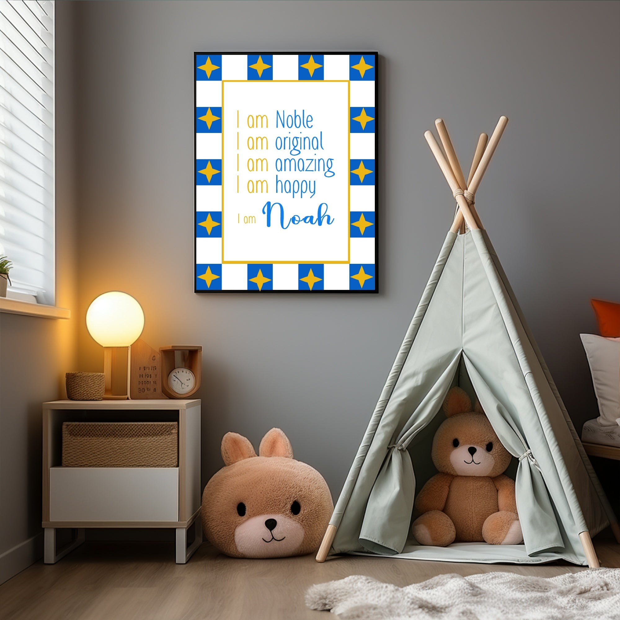 Blue Checked & Stars Acrostic Name Poem Wall Art Print