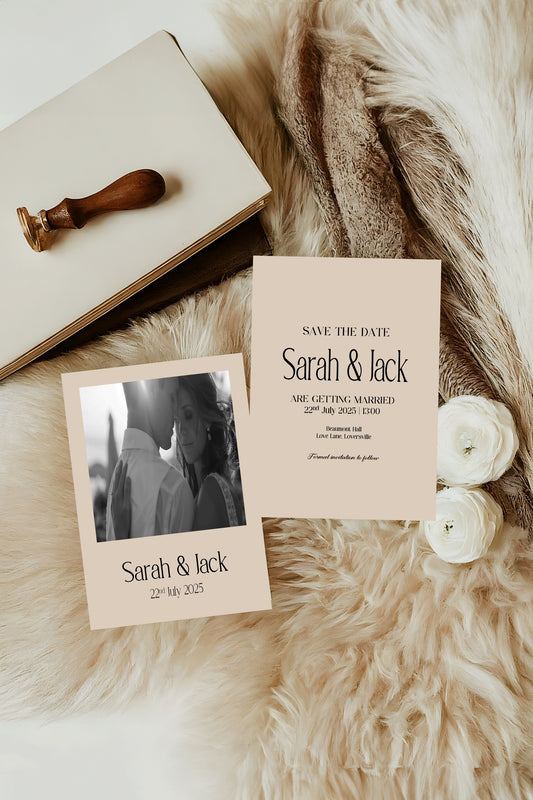 Beige Photo Save The Date Wedding Party Cards & Envelopes | Pack of 10 Double Sided