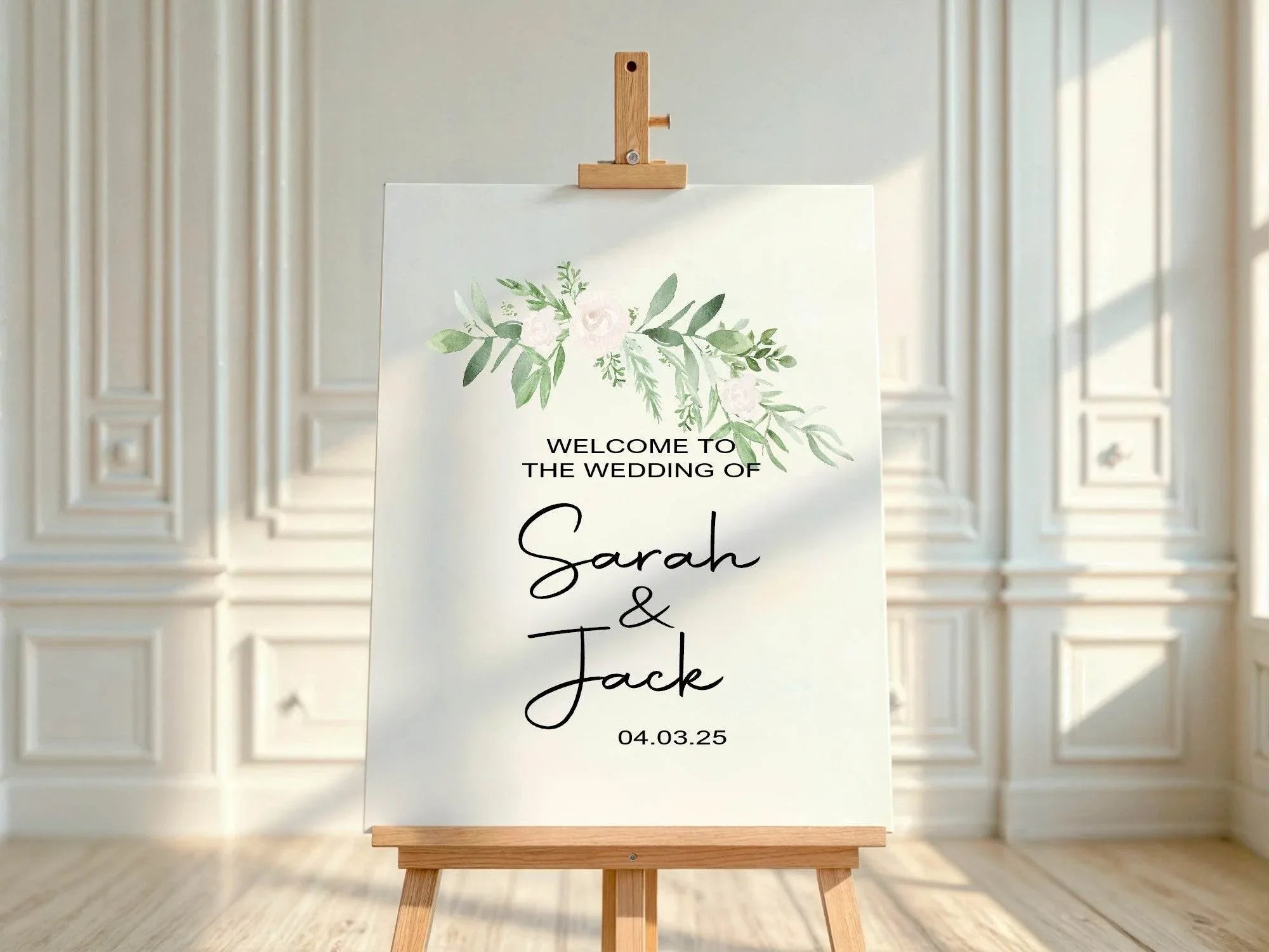 Green & White Rose Welcome To Our Wedding Party Sign - Larosier Prints
