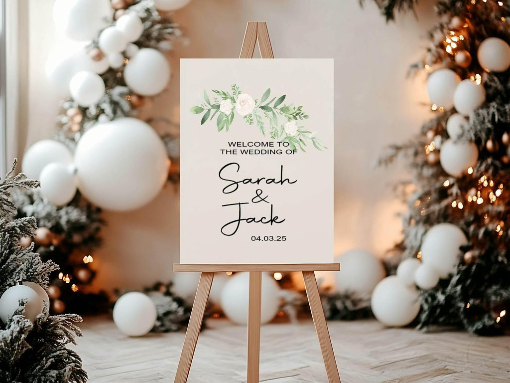 Green & White Rose Welcome To Our Wedding Party Sign - Larosier Prints