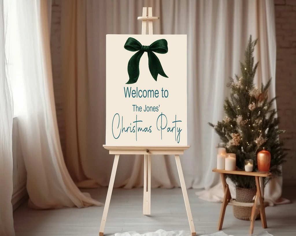 Green Velvet Bow Welcome Christmas Party Sign - Larosier Prints