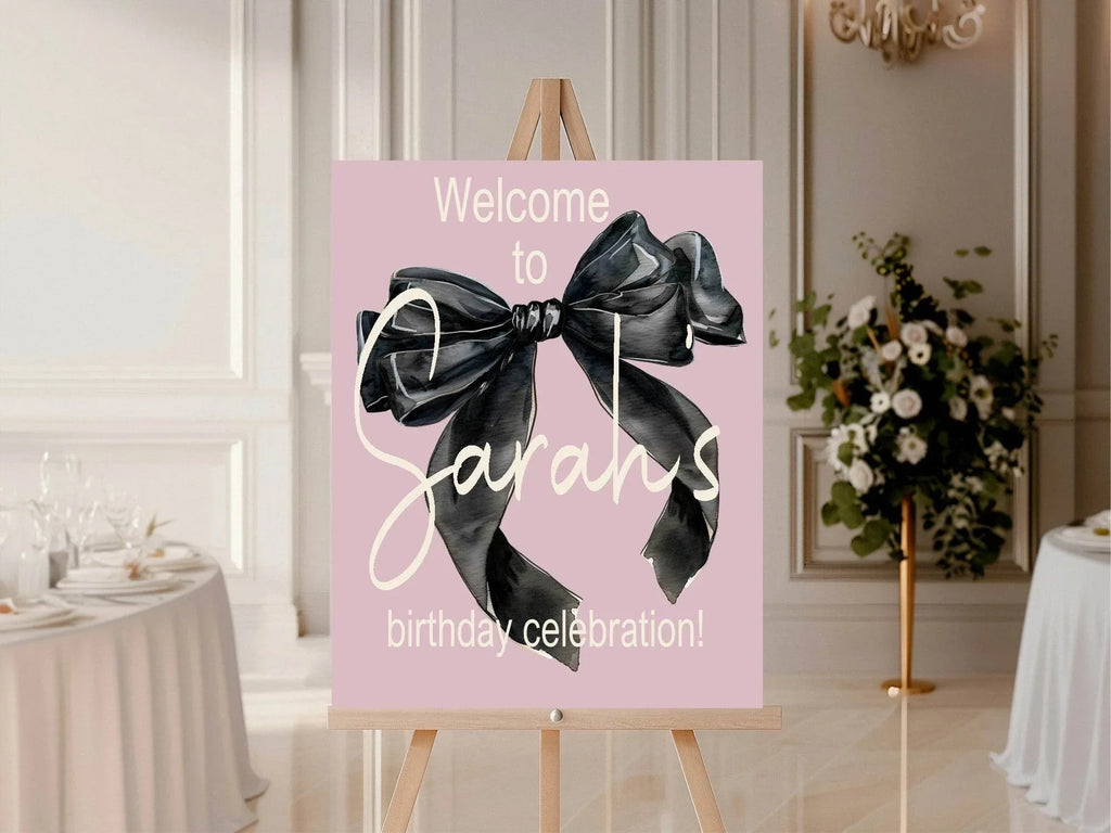 Bows Welcome Birthday Party Sign | Pink & Black - Larosier Prints