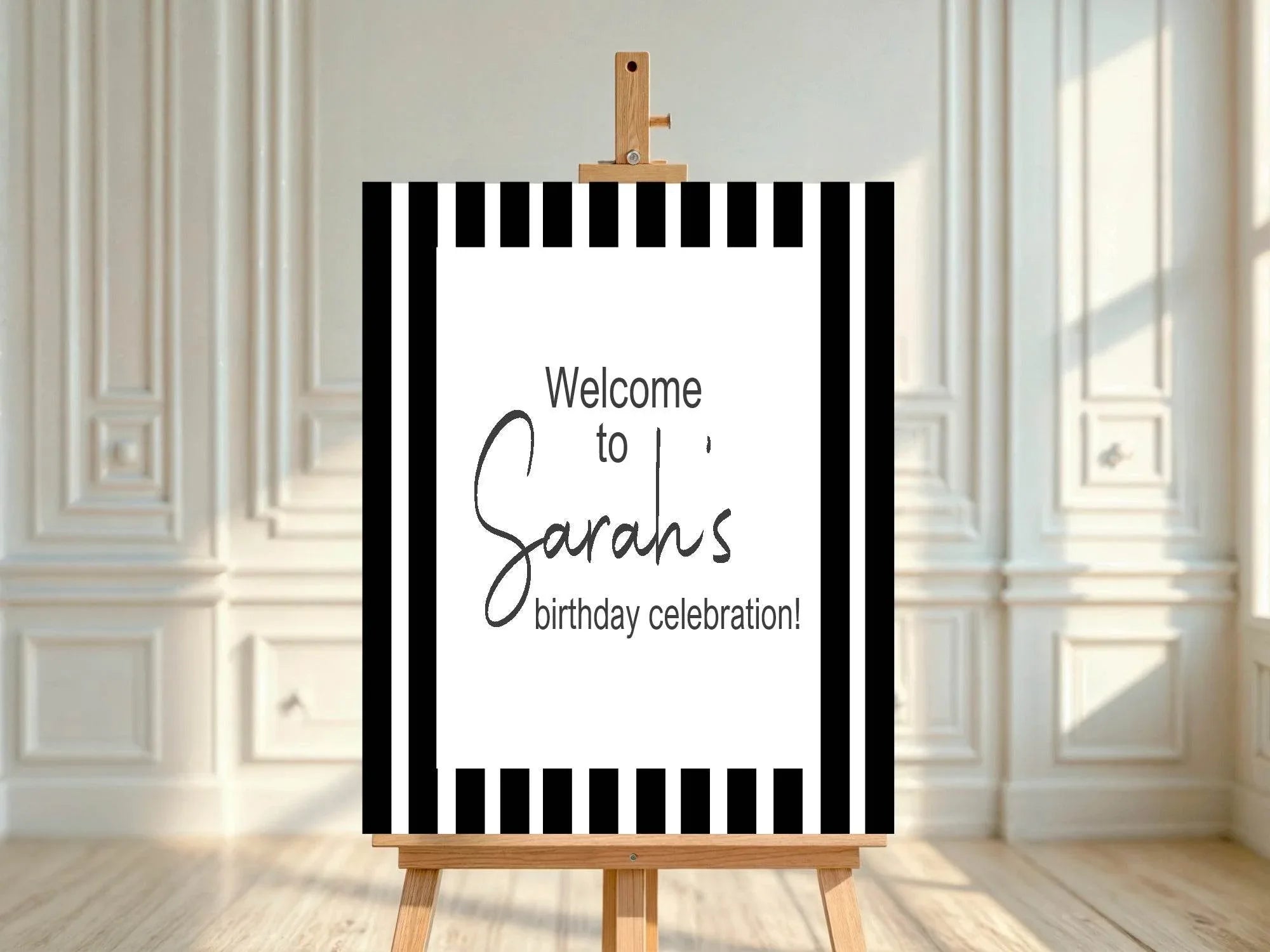 Black & White Stripe Welcome Birthday Party Sign - Larosier Prints