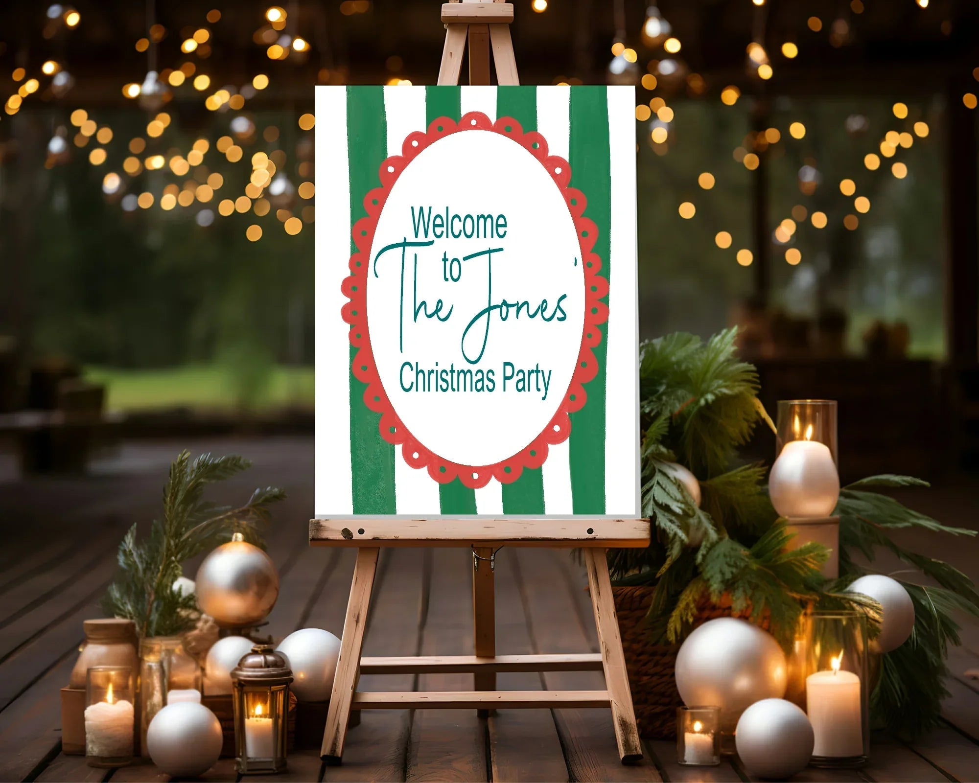 Green Stripe Welcome Christmas Party Sign - Larosier Prints