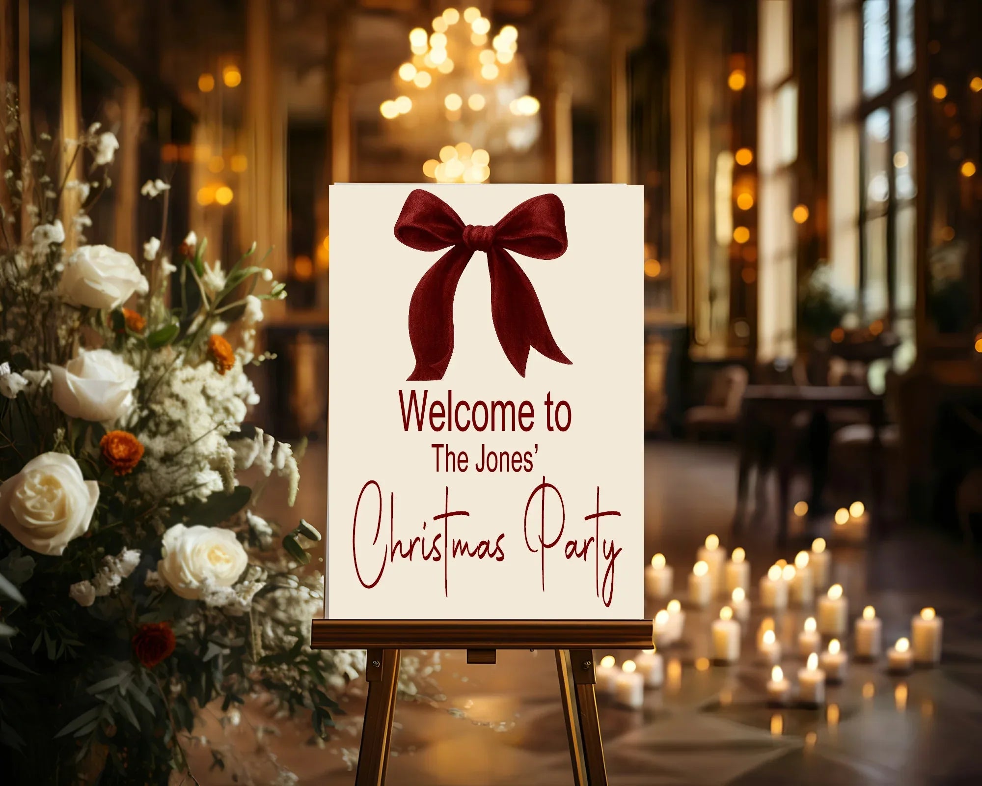 Red Velvet Bow Welcome Christmas Party Sign - Larosier Prints