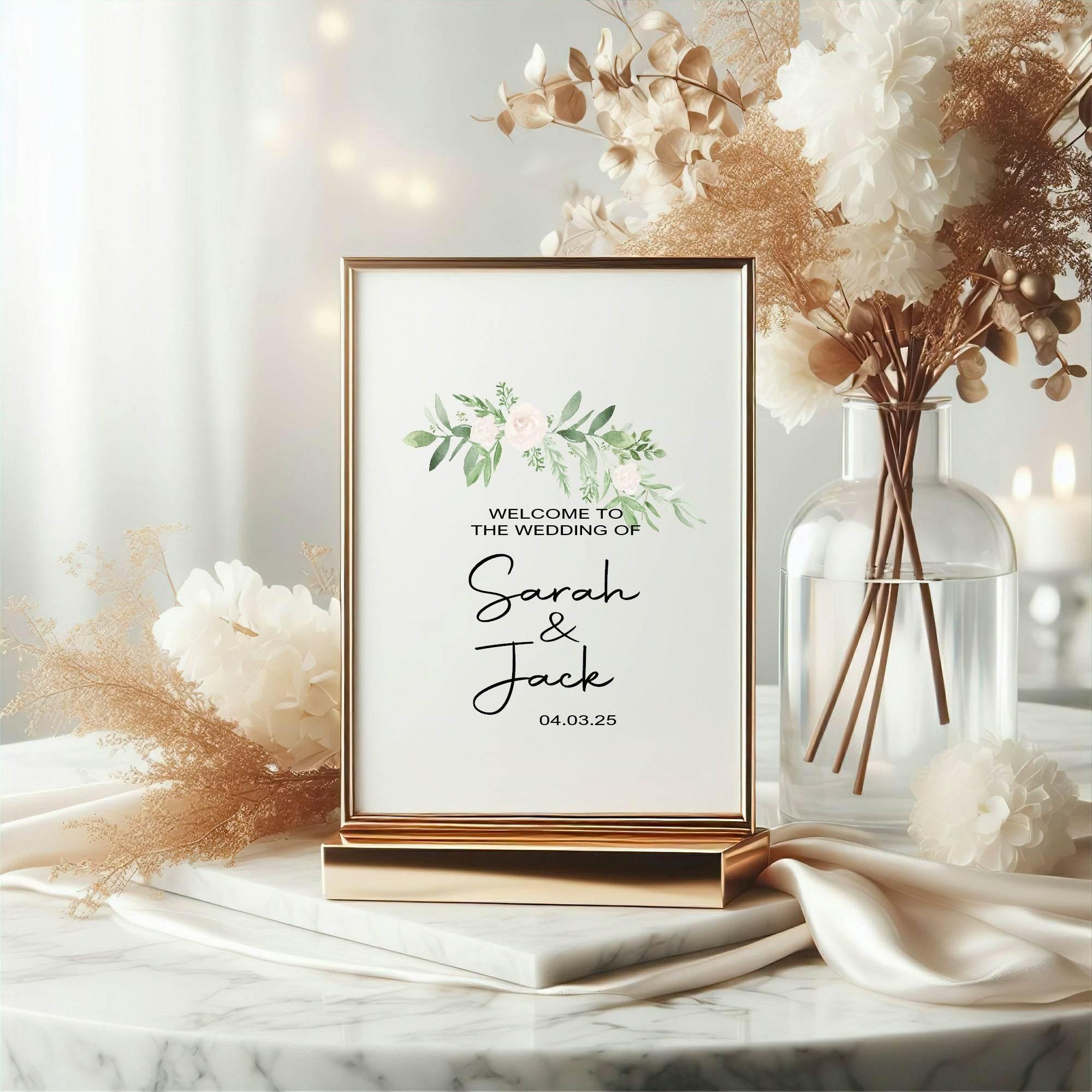 Green & White Rose Welcome To Our Wedding Party Sign - Larosier Prints