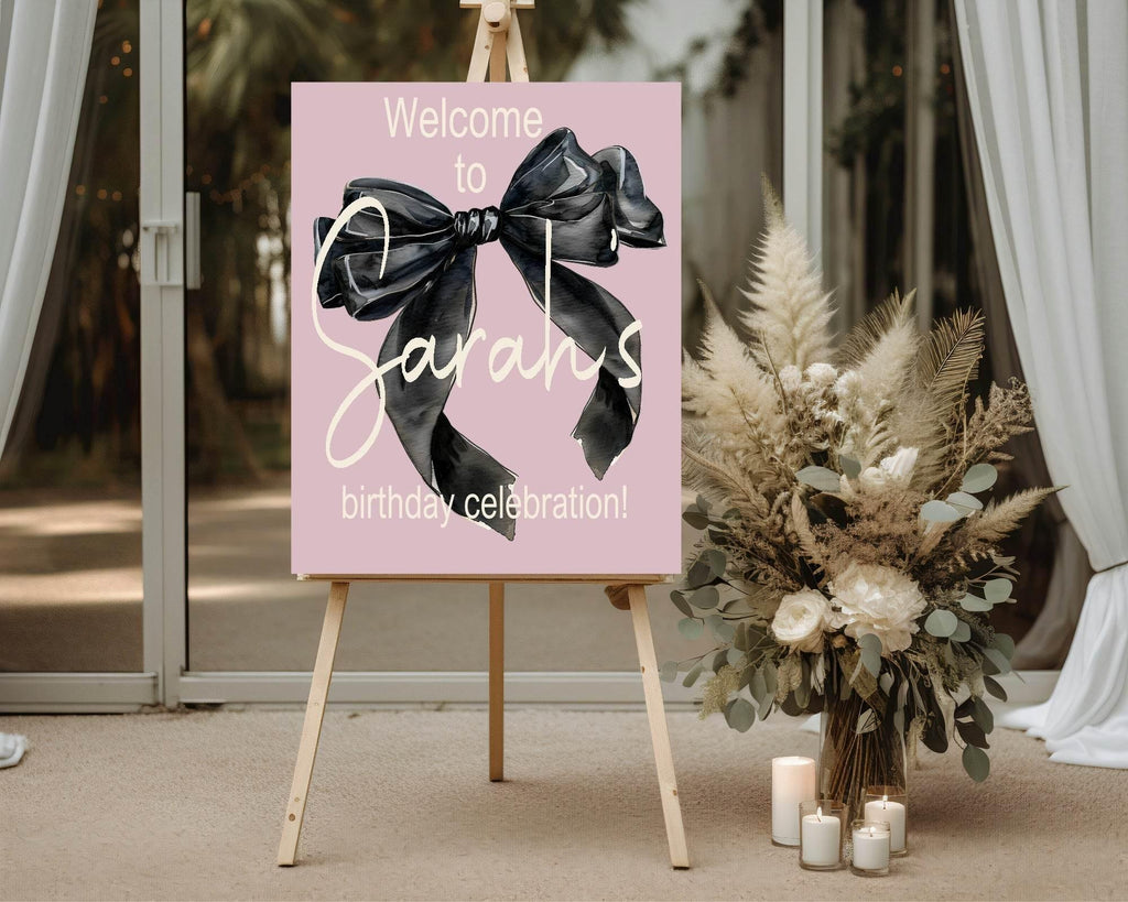 Bows Welcome Birthday Party Sign | Pink & Black - Larosier Prints