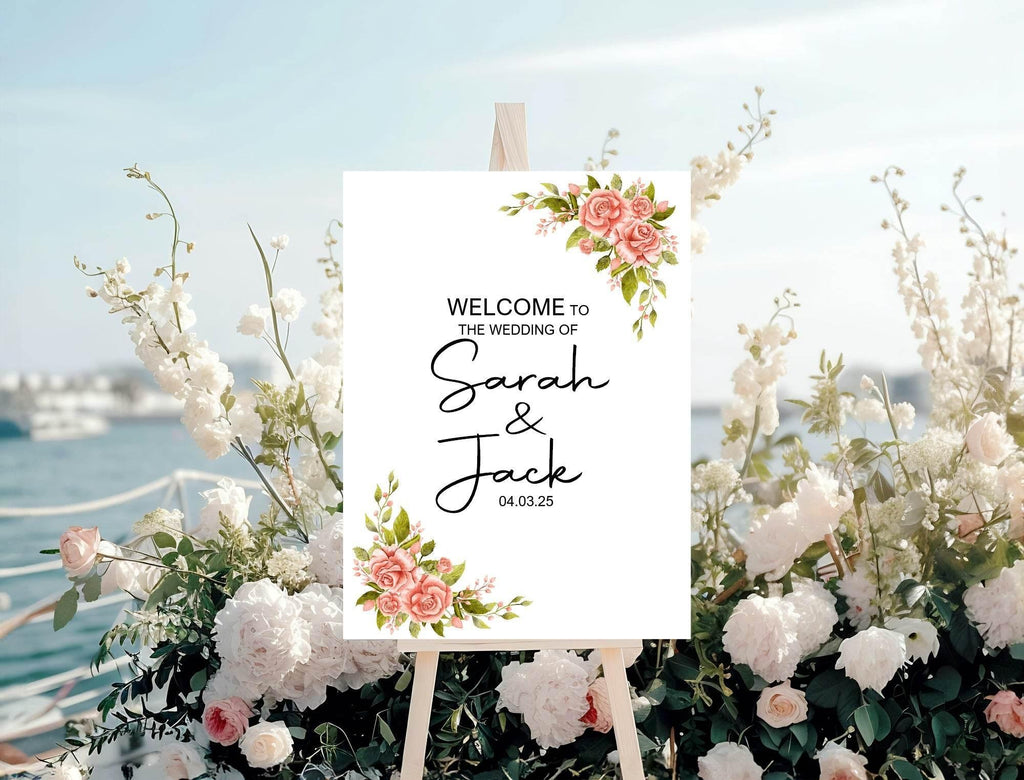 Pink Rose Welcome To Our Wedding Party Sign - Larosier Prints