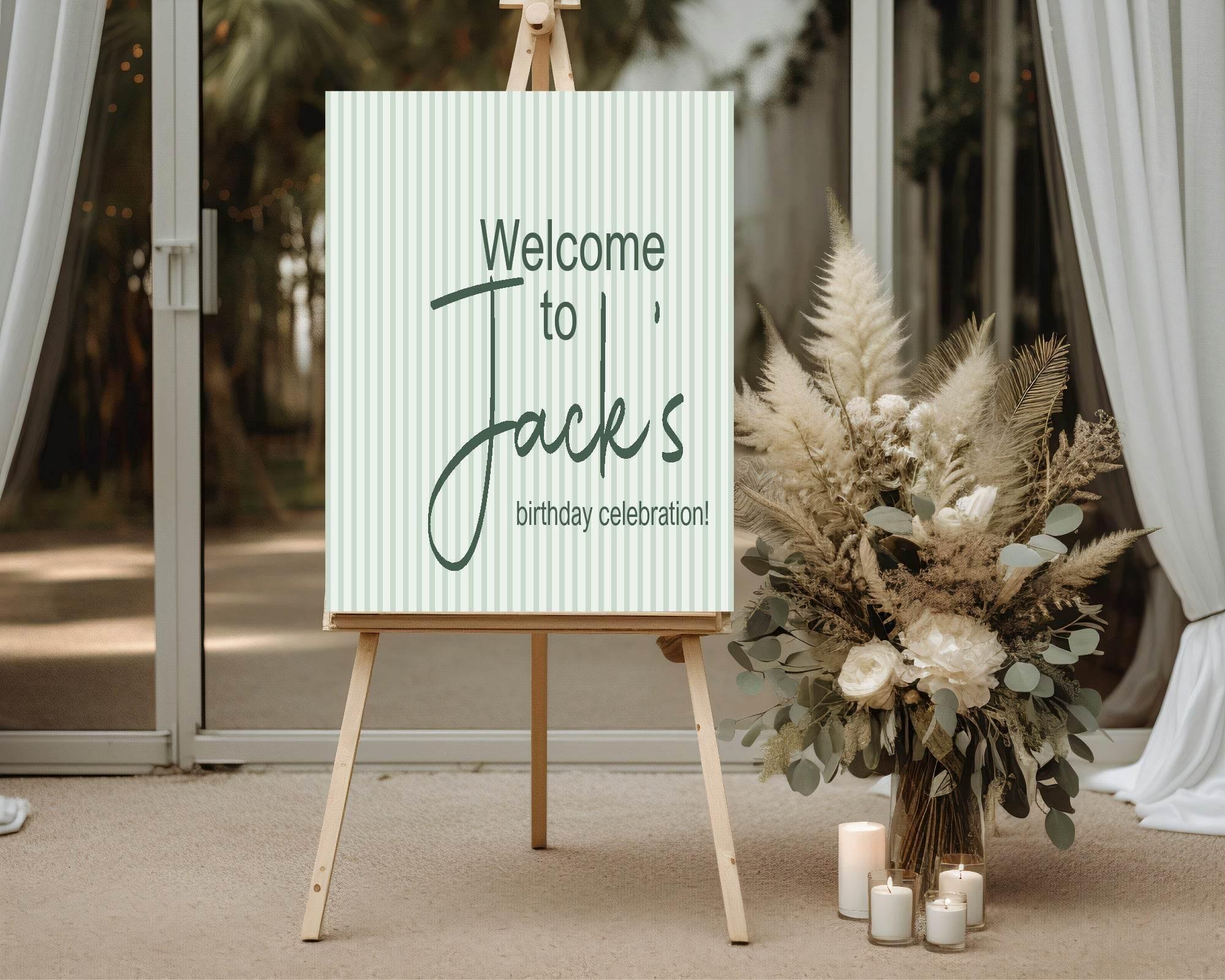 Sage Green Stripe Welcome Birthday Party Sign - Larosier Prints