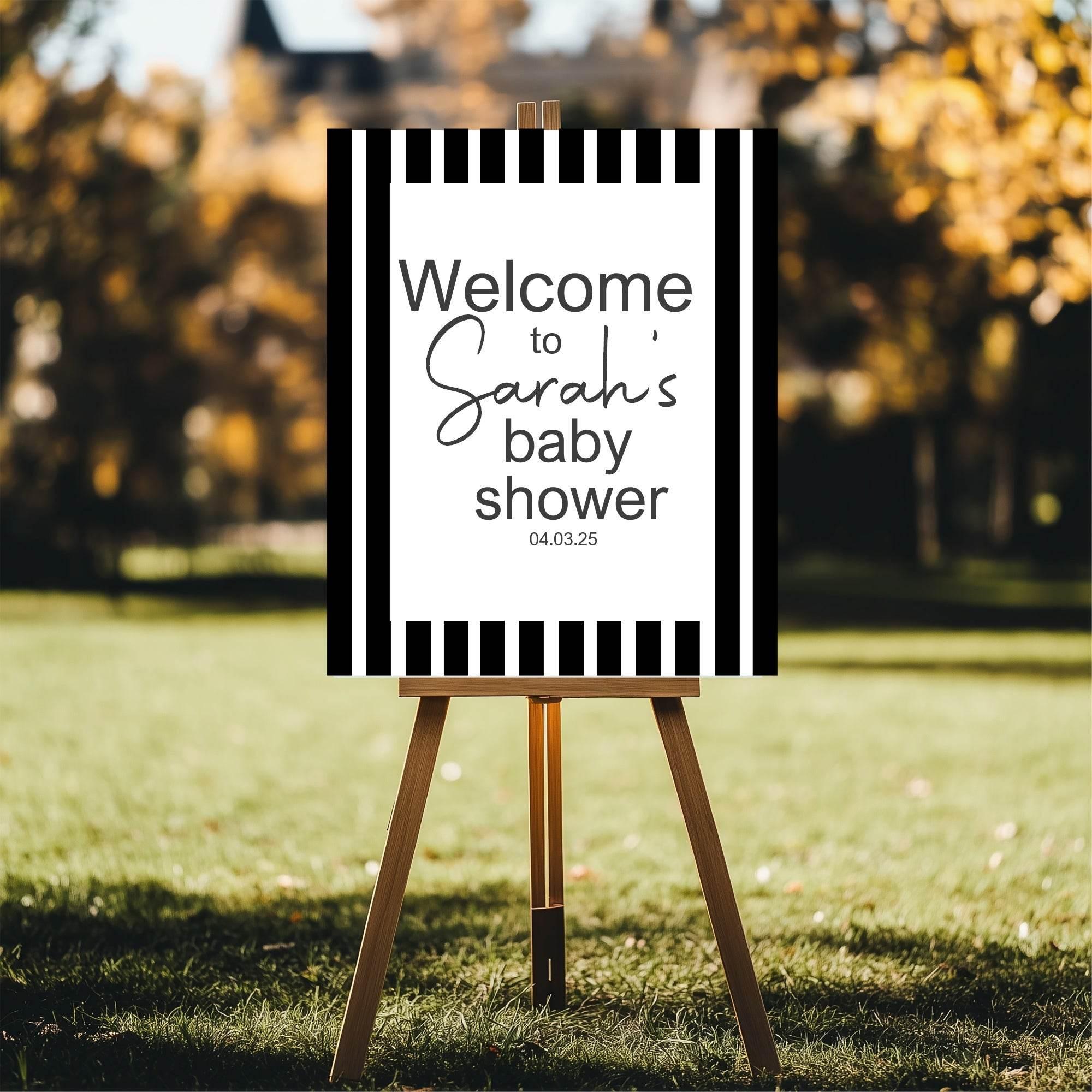 Black and White Stripe Welcome To Our Baby Shower Party Sign - Larosier Prints