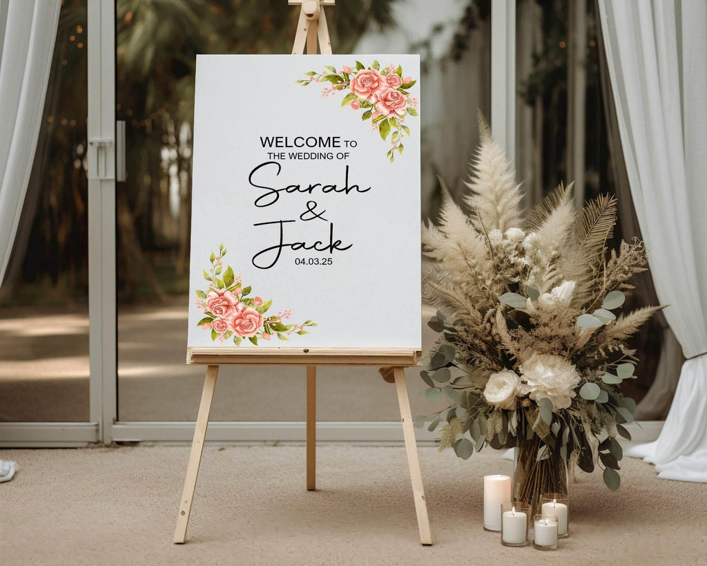 Pink Rose Welcome To Our Wedding Party Sign - Larosier Prints
