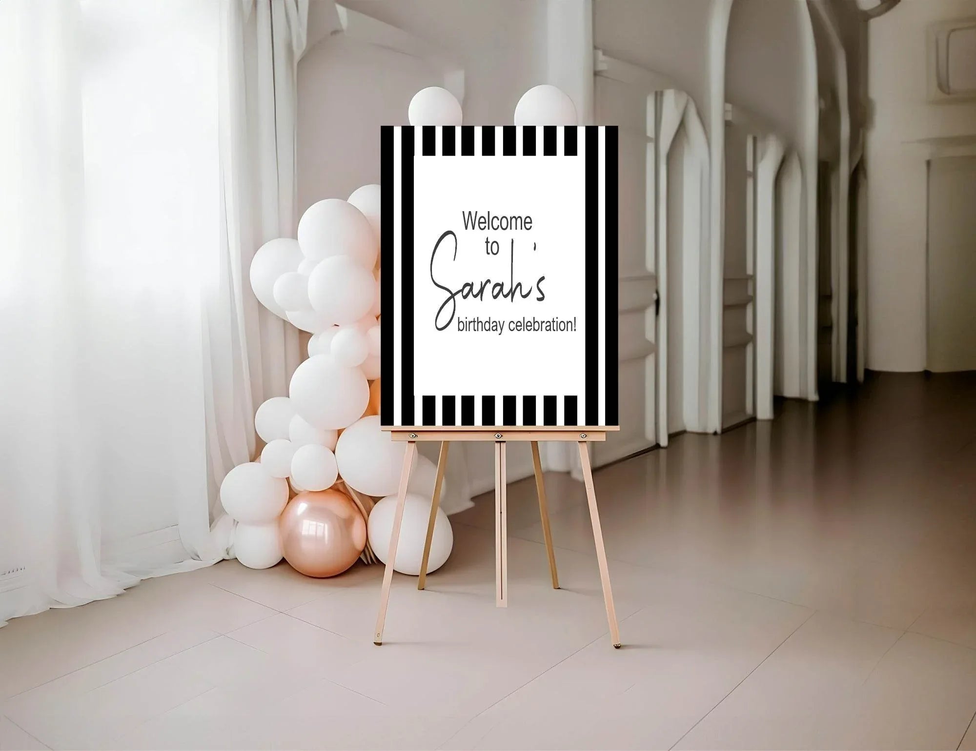 Black & White Stripe Welcome Birthday Party Sign - Larosier Prints