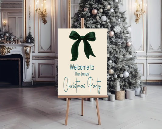 Green Velvet Bow Welcome Christmas Party Sign