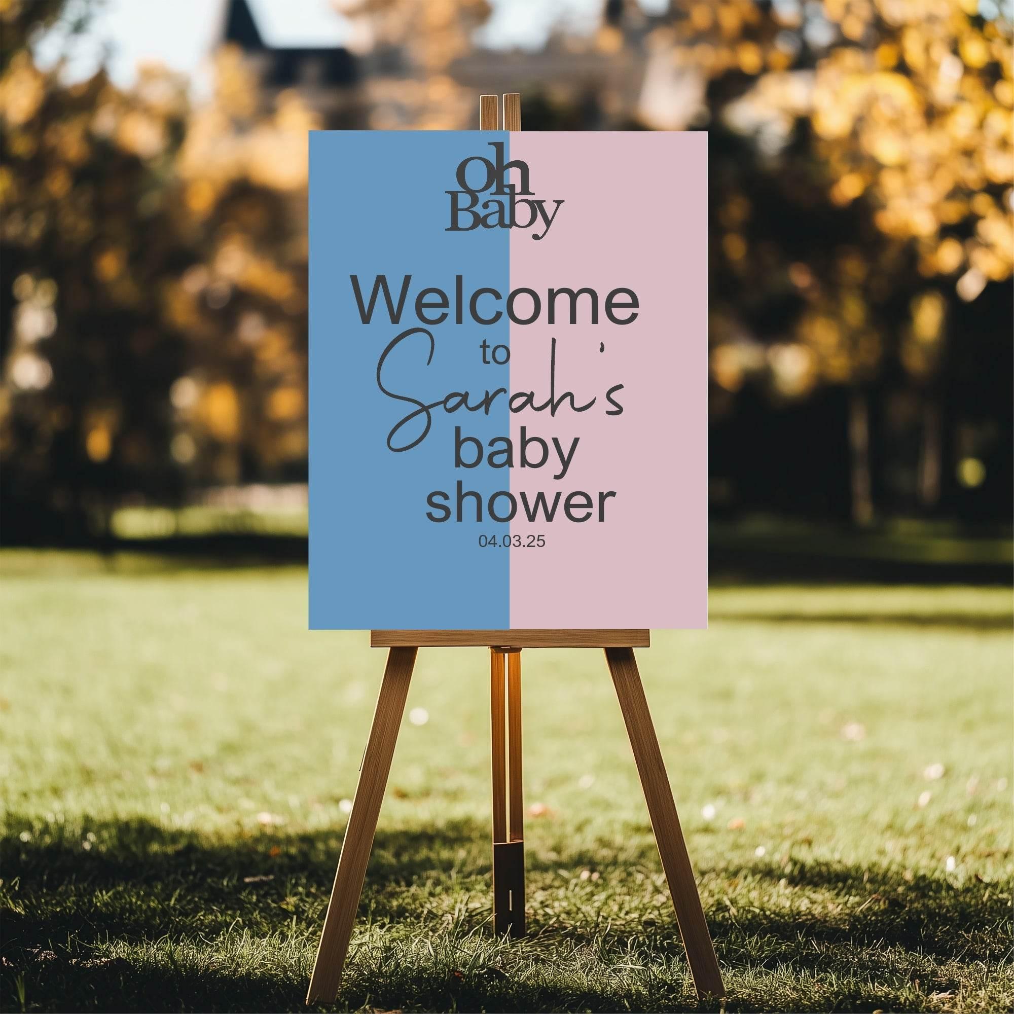 Oh Baby Welcome To Our Baby Shower Party Sign | Blue & Pink - Larosier Prints