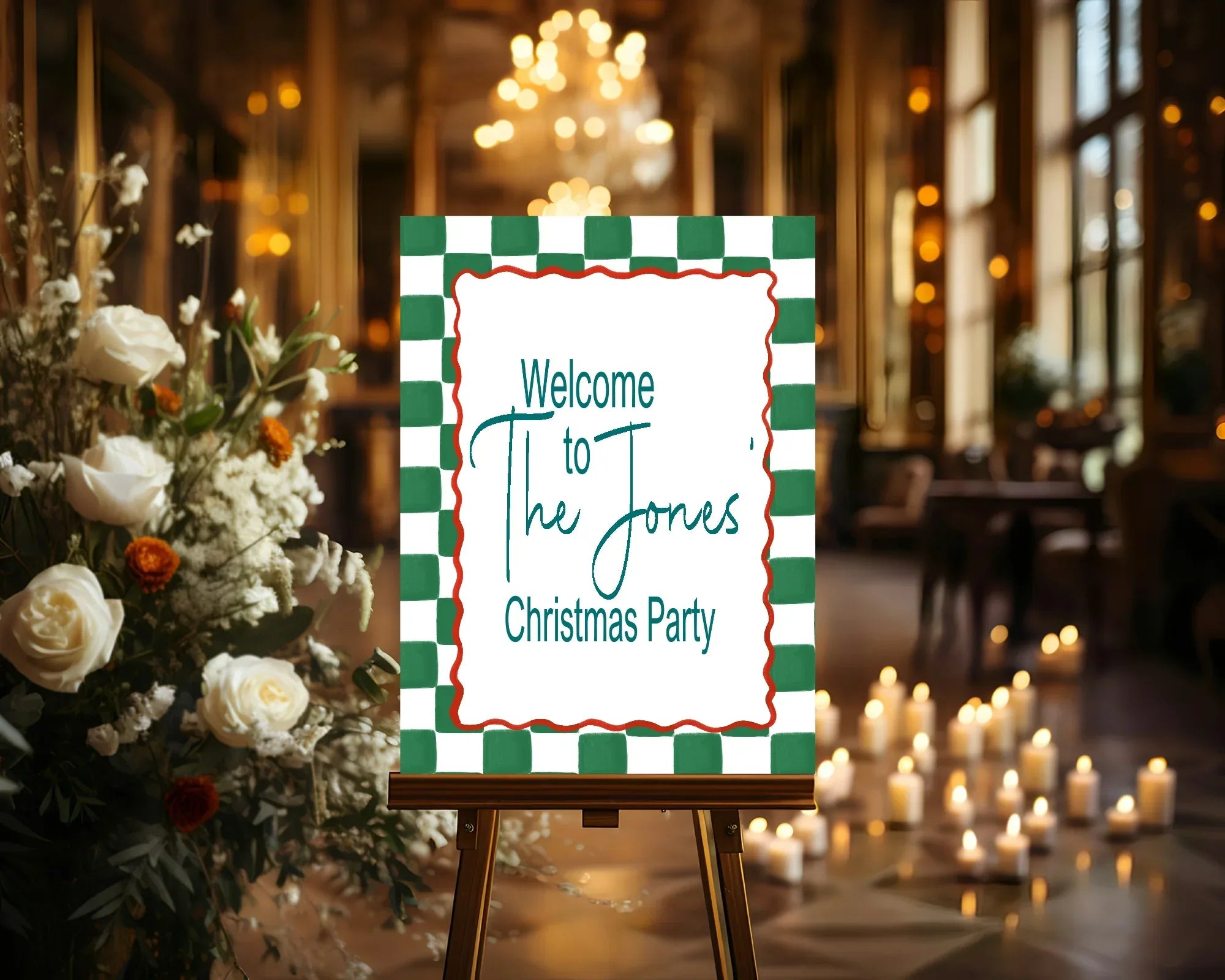 Green Check Welcome Christmas Party Sign - Larosier Prints