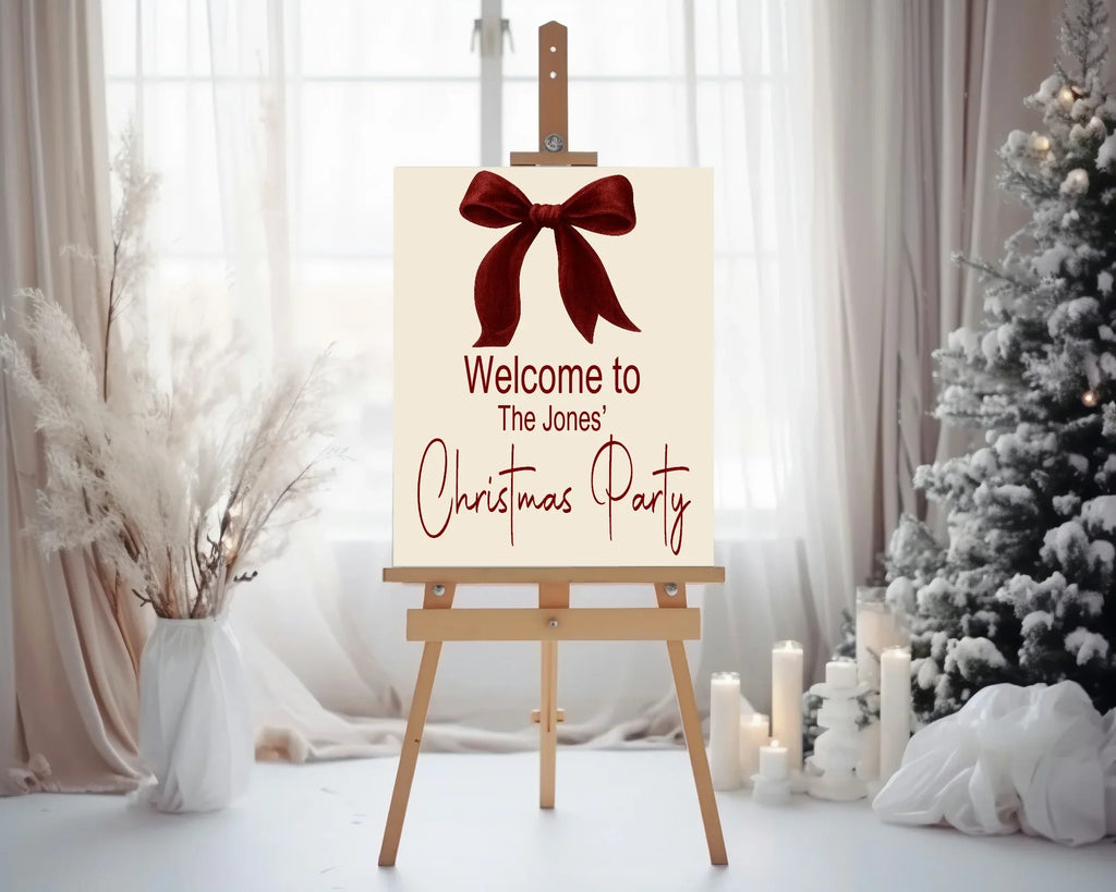Red Velvet Bow Welcome Christmas Party Sign - Larosier Prints