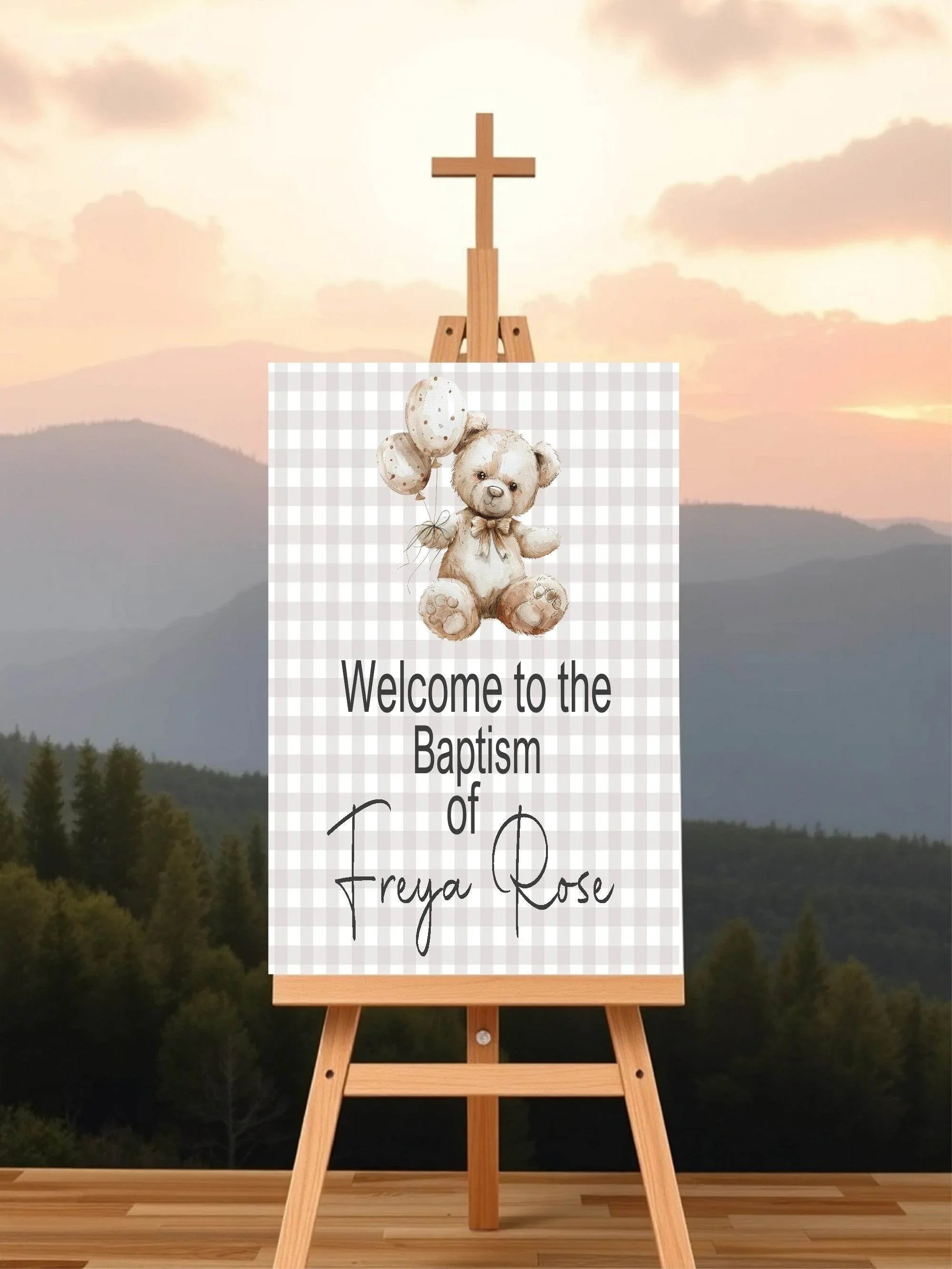 Checkered Bear Welcome Christening | Baptism Party Sign - Larosier Prints