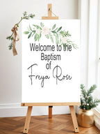 Green & White Rose Welcome Christening | Baptism Party Sign - Larosier Prints
