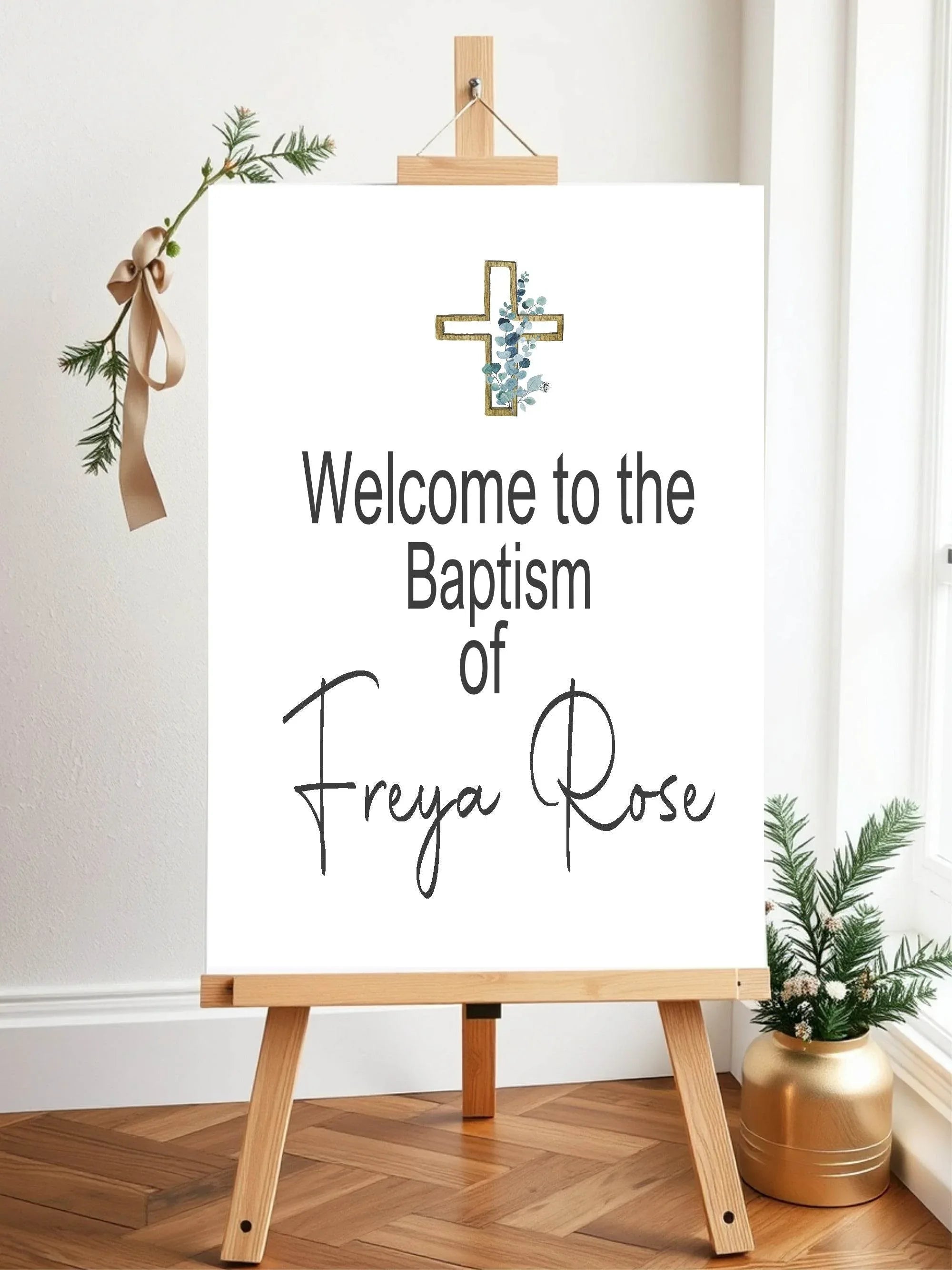 Eucalyptus Cross Welcome Christening | Baptism Party Sign - Larosier Prints