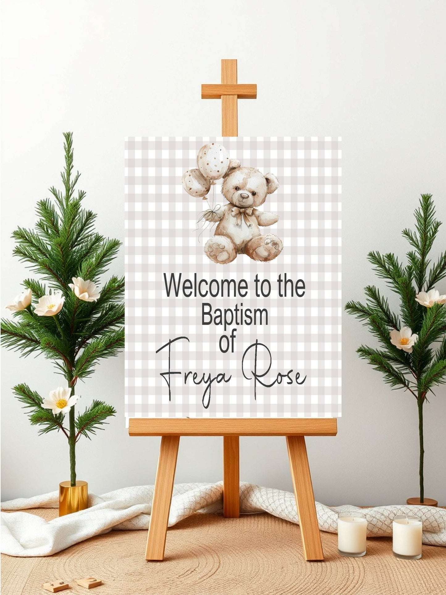 Checkered Bear Welcome Christening | Baptism Party Sign