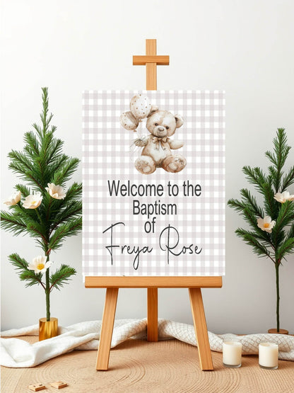 Checkered Bear Welcome Christening | Baptism Party Sign
