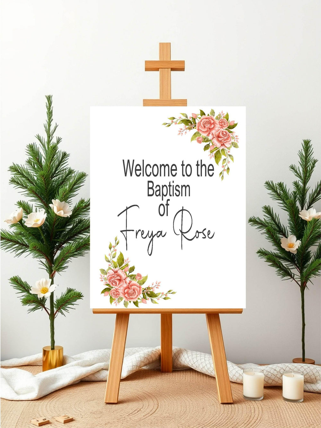 Pink Rose Welcome Christening | Baptism Party Sign - Larosier Prints