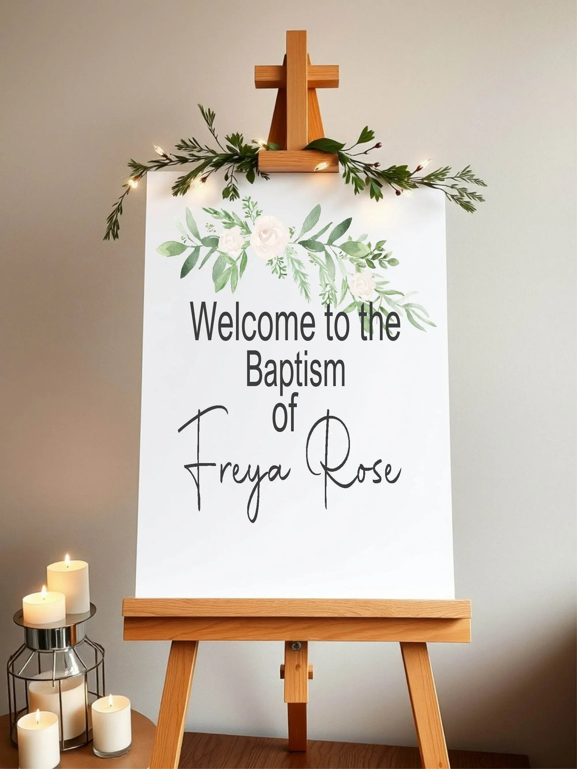 Green & White Rose Welcome Christening | Baptism Party Sign - Larosier Prints