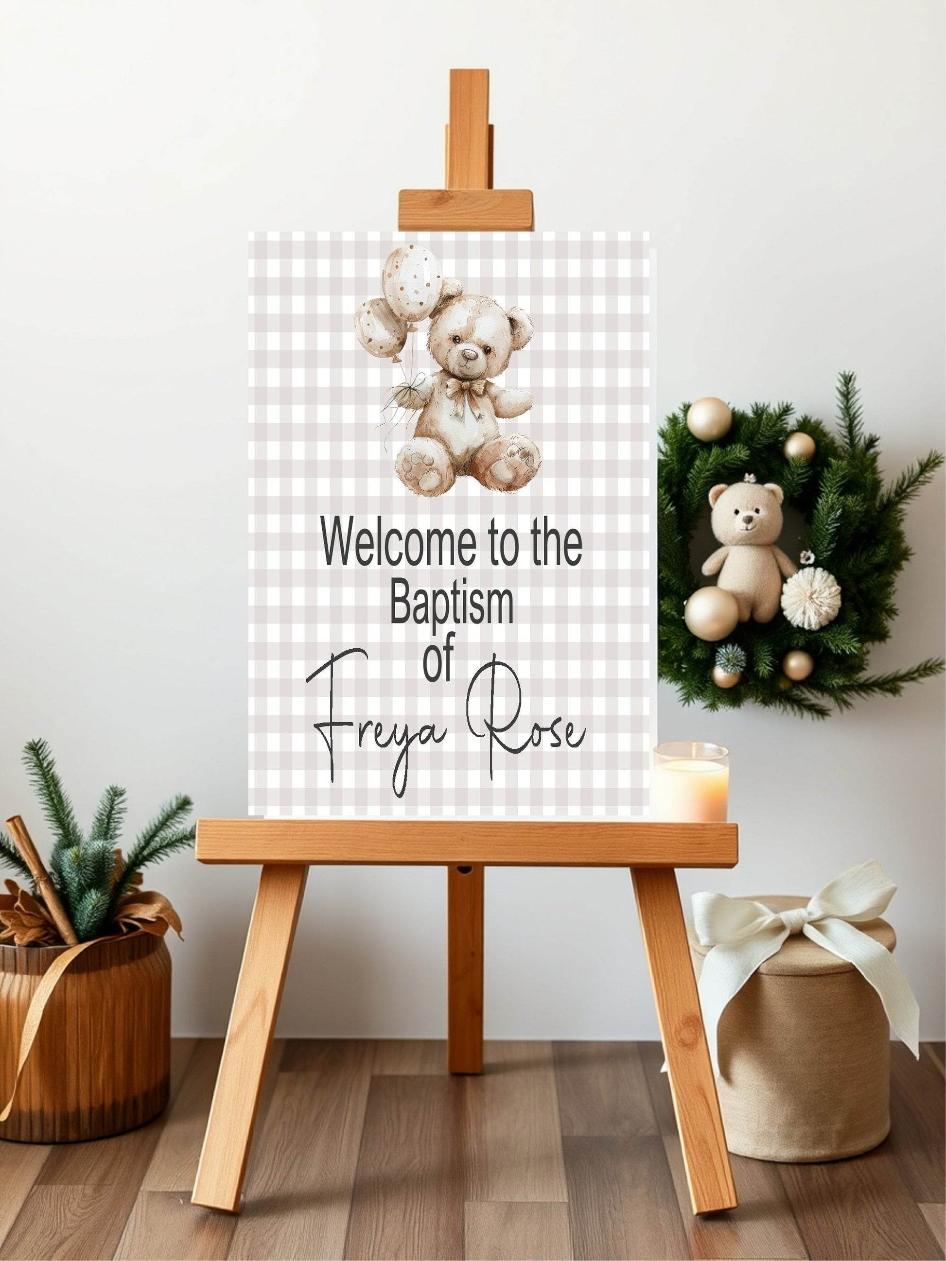 Checkered Bear Welcome Christening | Baptism Party Sign