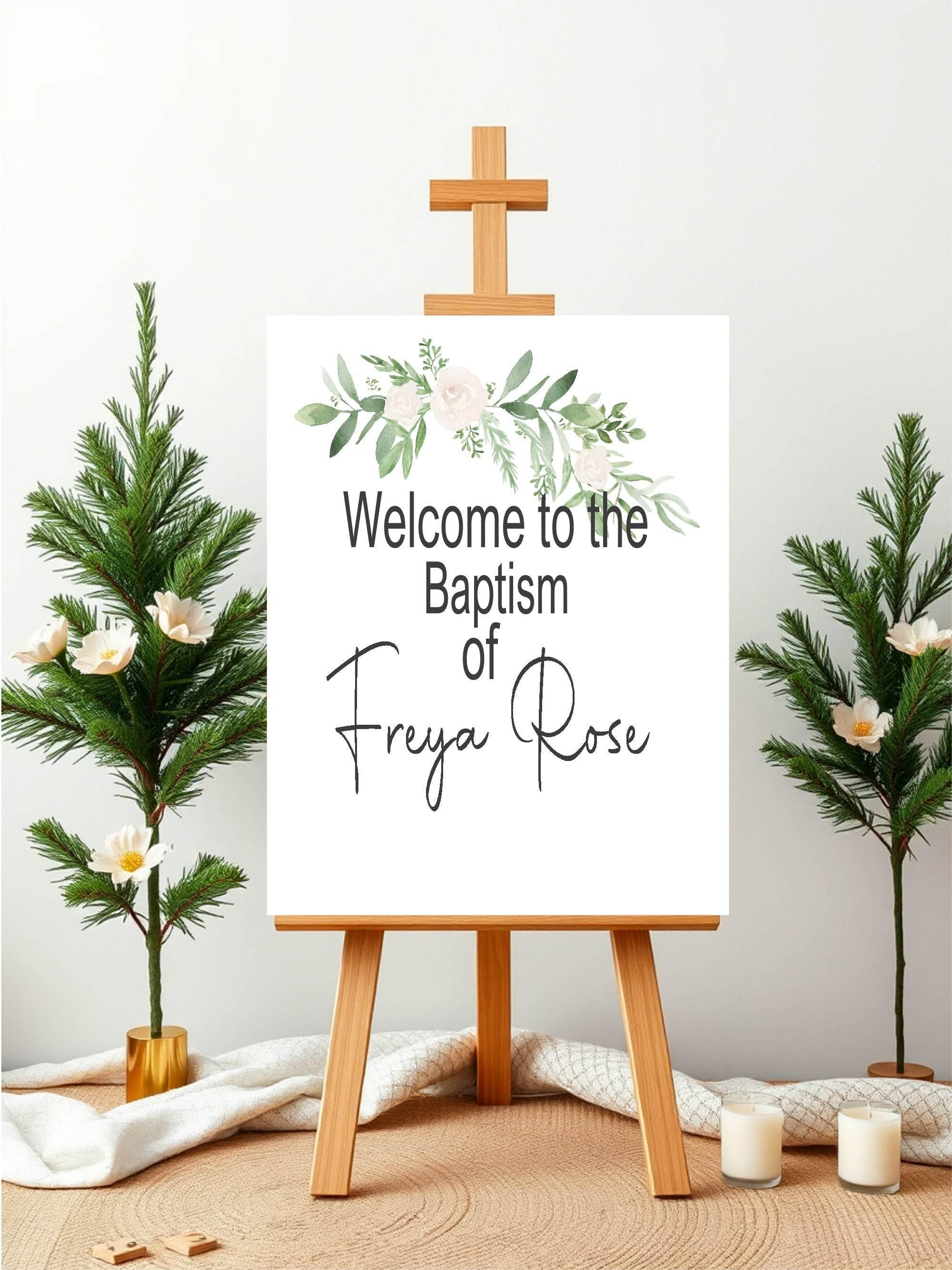 Green & White Rose Welcome Christening | Baptism Party Sign - Larosier Prints