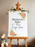 Pink Rose Welcome Christening | Baptism Party Sign - Larosier Prints