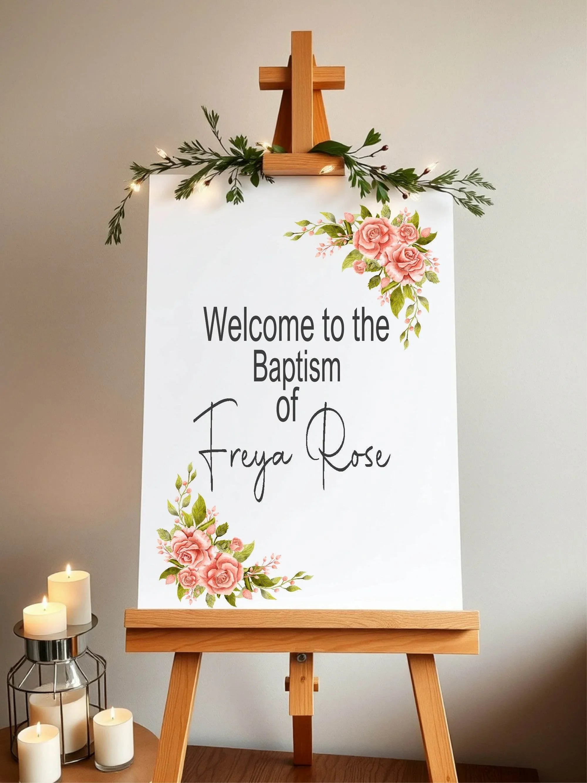 Pink Rose Welcome Christening | Baptism Party Sign - Larosier Prints