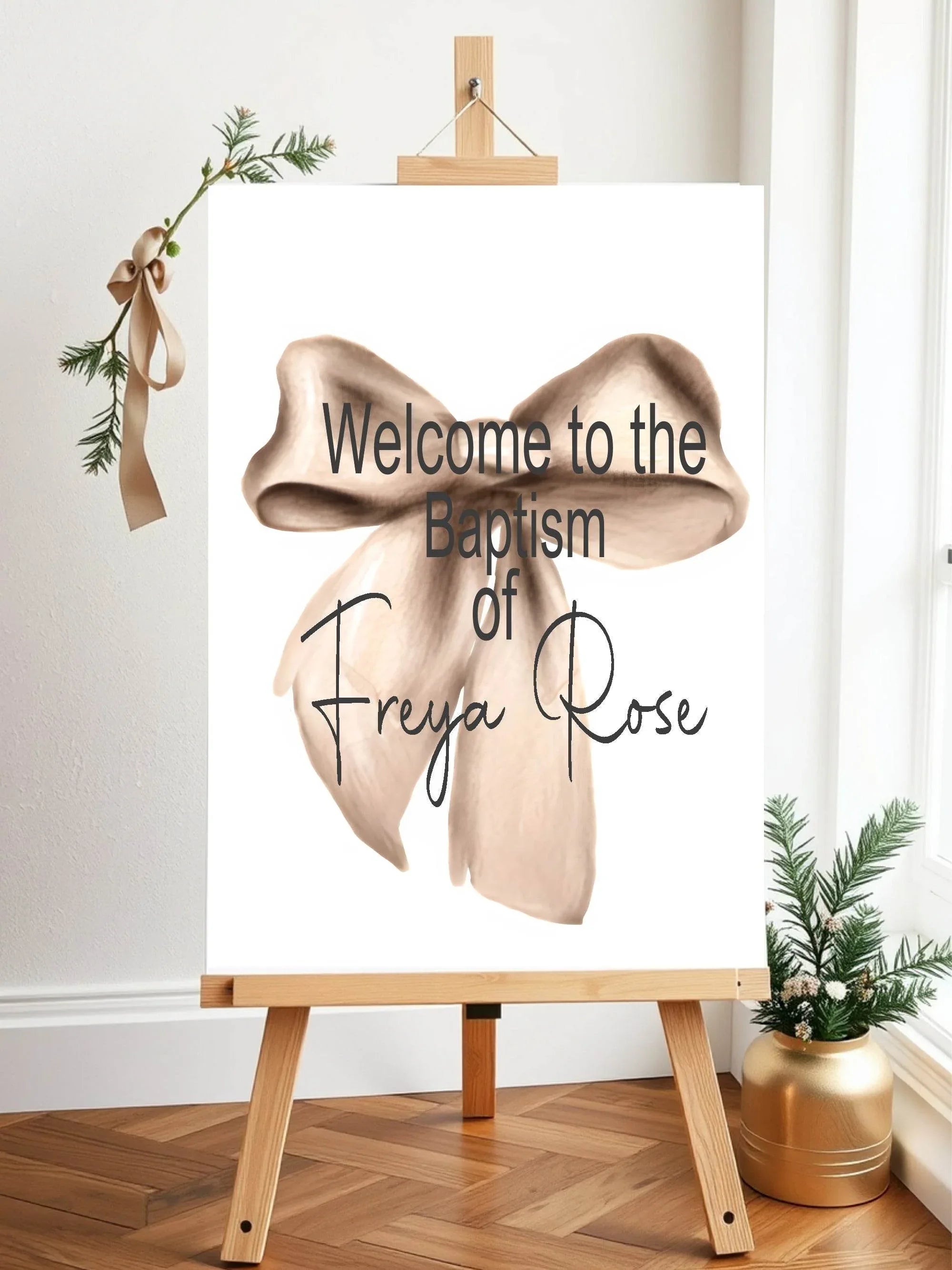 Bows Welcome Christening | Baptism Party Sign | Beige, Pink or Blue - Larosier Prints