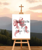 Bows Welcome Christening | Baptism Party Sign | Beige, Pink or Blue - Larosier Prints