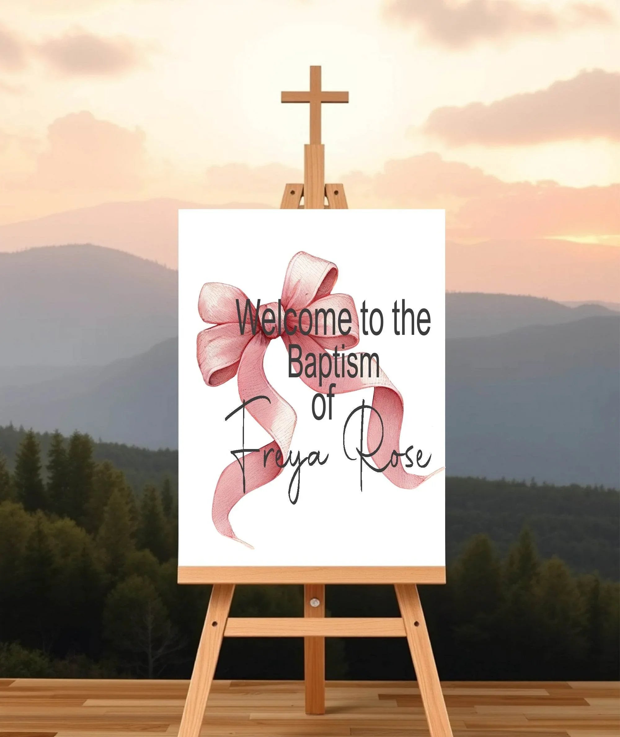 Bows Welcome Christening | Baptism Party Sign | Beige, Pink or Blue - Larosier Prints