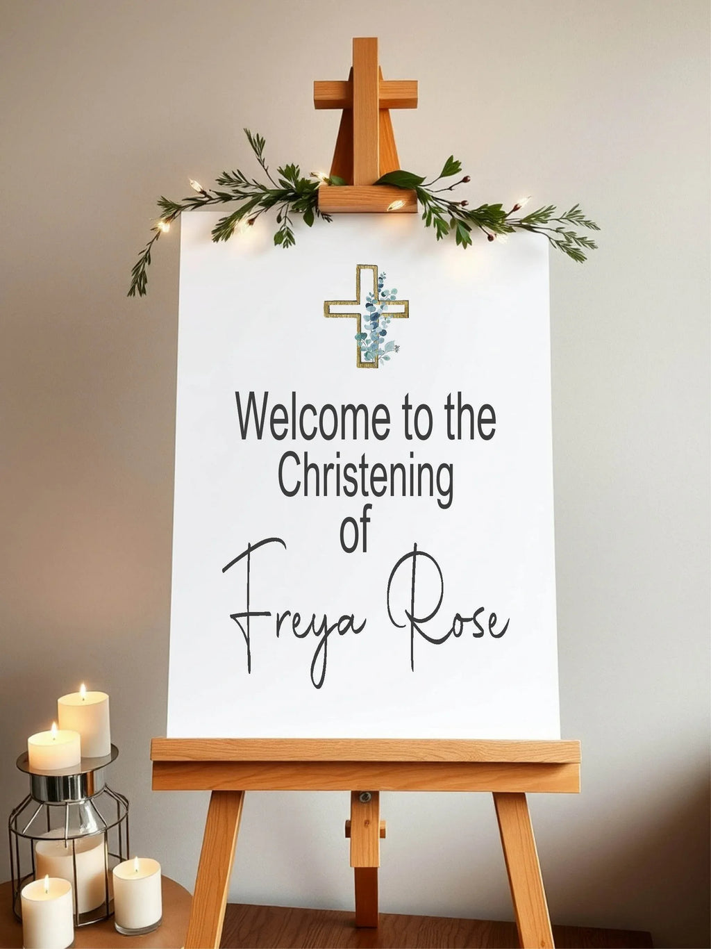 Eucalyptus Cross Welcome Christening | Baptism Party Sign - Larosier Prints