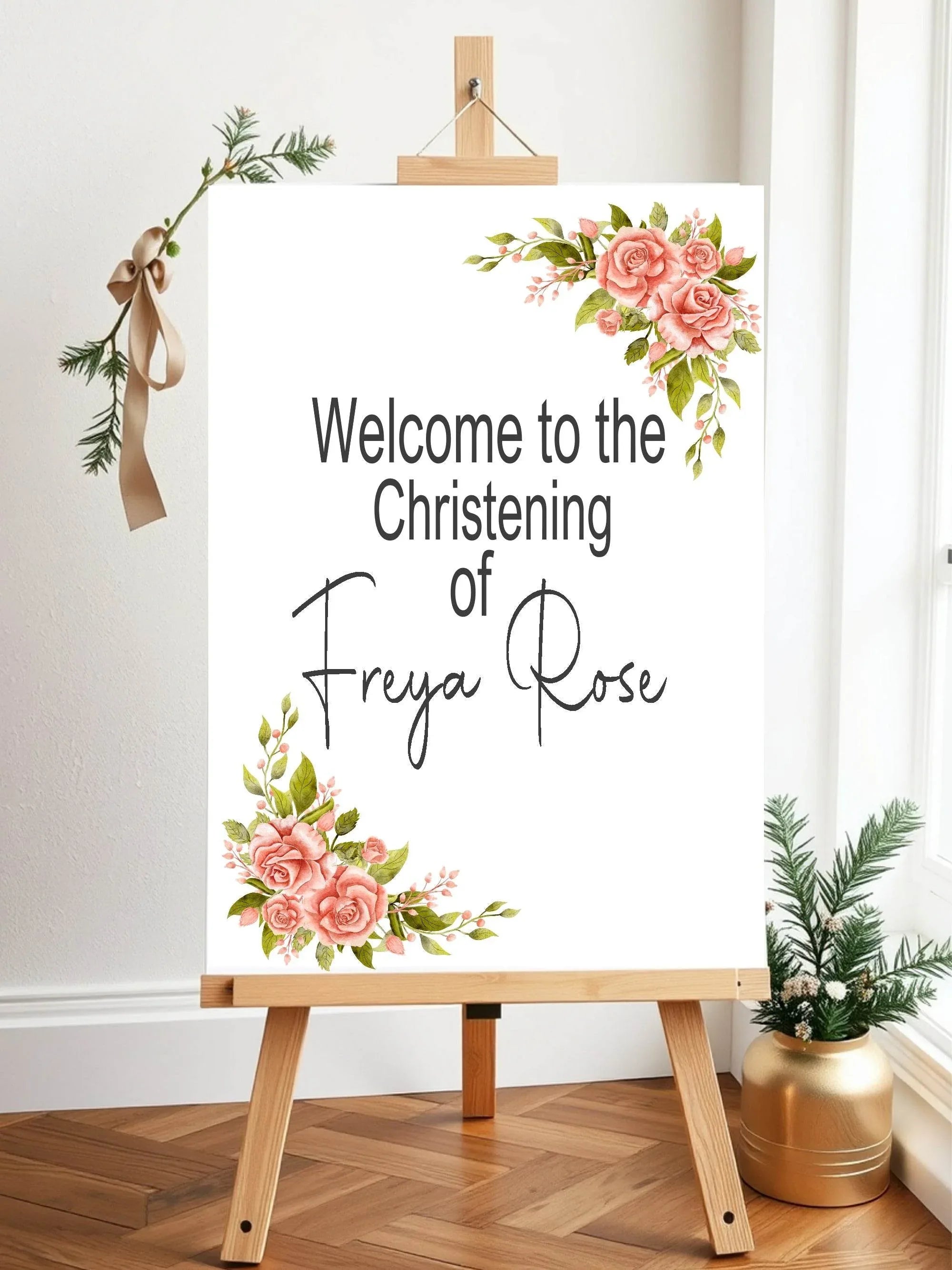 Pink Rose Welcome Christening | Baptism Party Sign - Larosier Prints