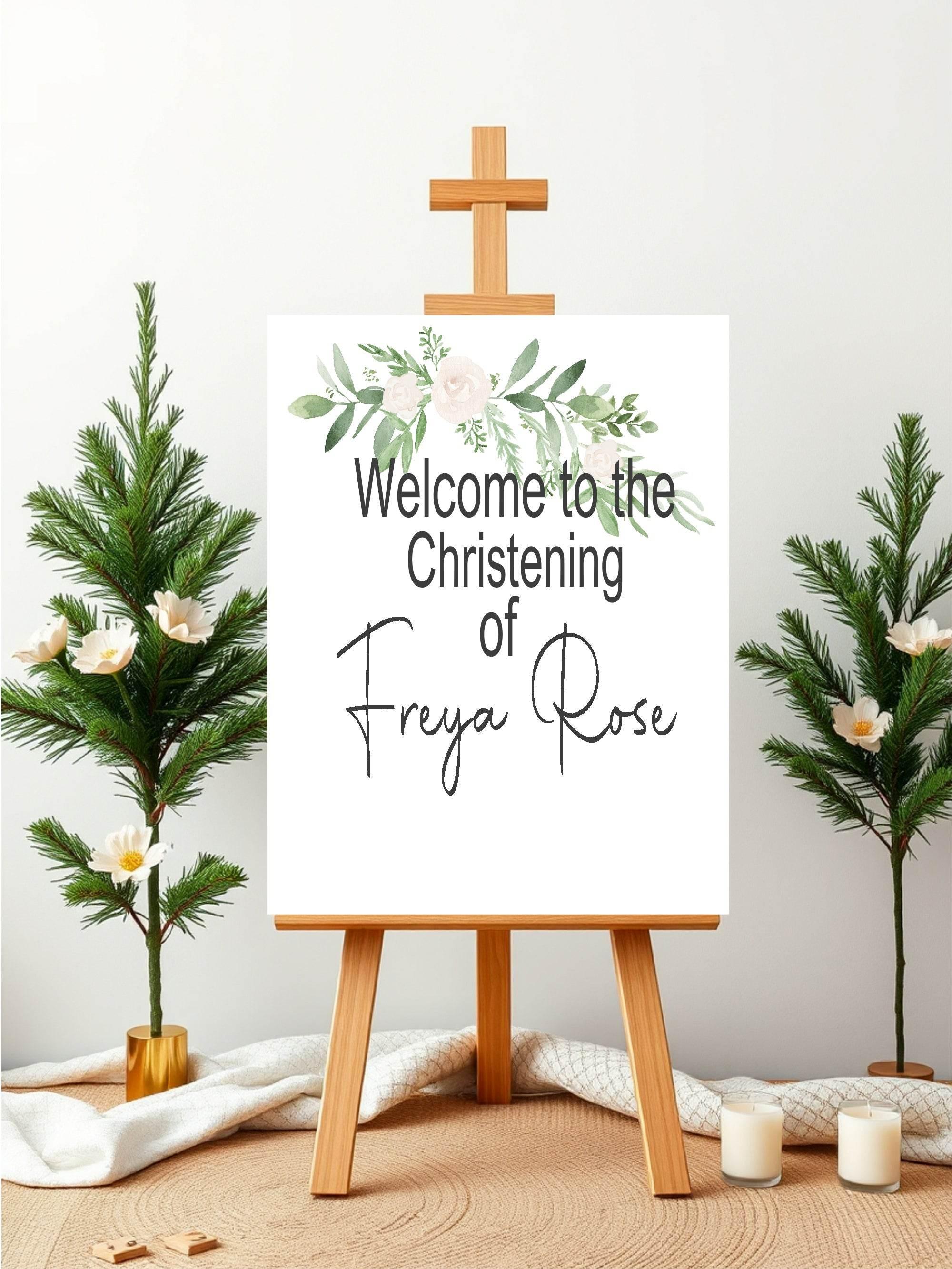 Green & White Rose Welcome Christening | Baptism Party Sign - Larosier Prints