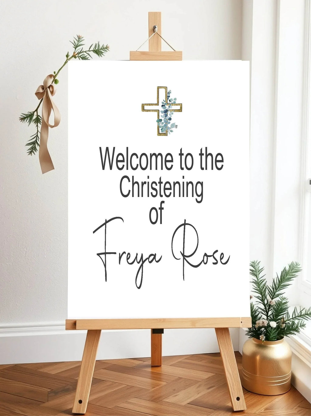 Eucalyptus Cross Welcome Christening | Baptism Party Sign - Larosier Prints