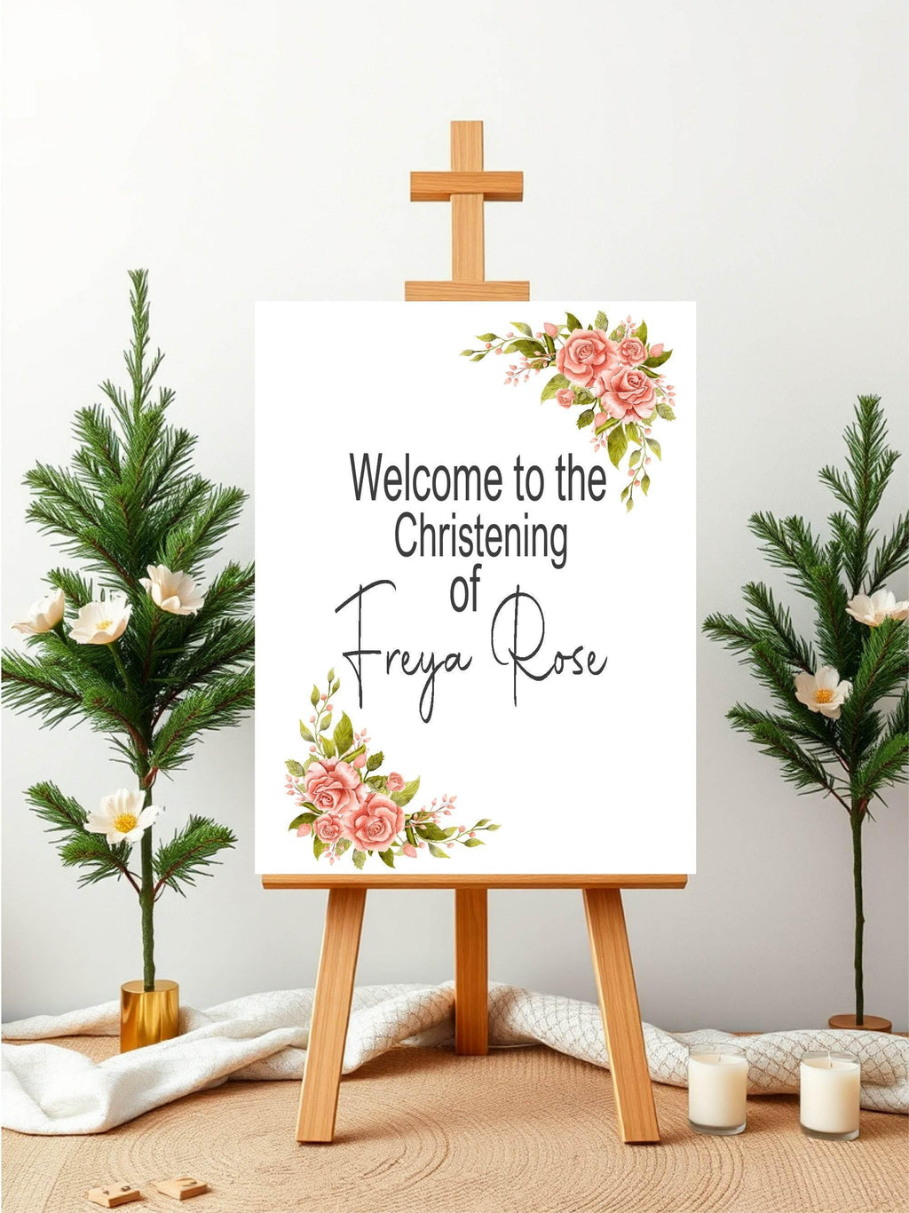 Pink Rose Welcome Christening | Baptism Party Sign - Larosier Prints