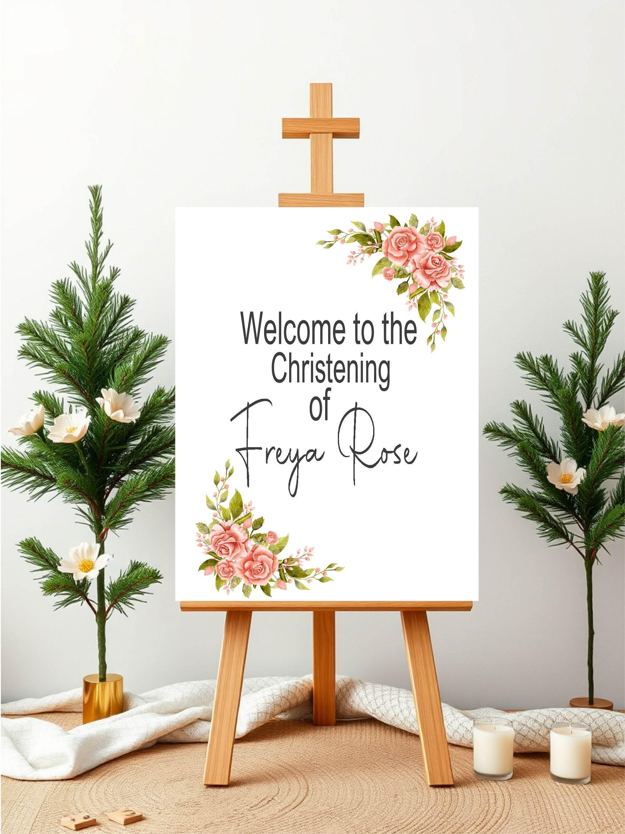 Pink Rose Welcome Christening | Baptism Party Sign - Larosier Prints