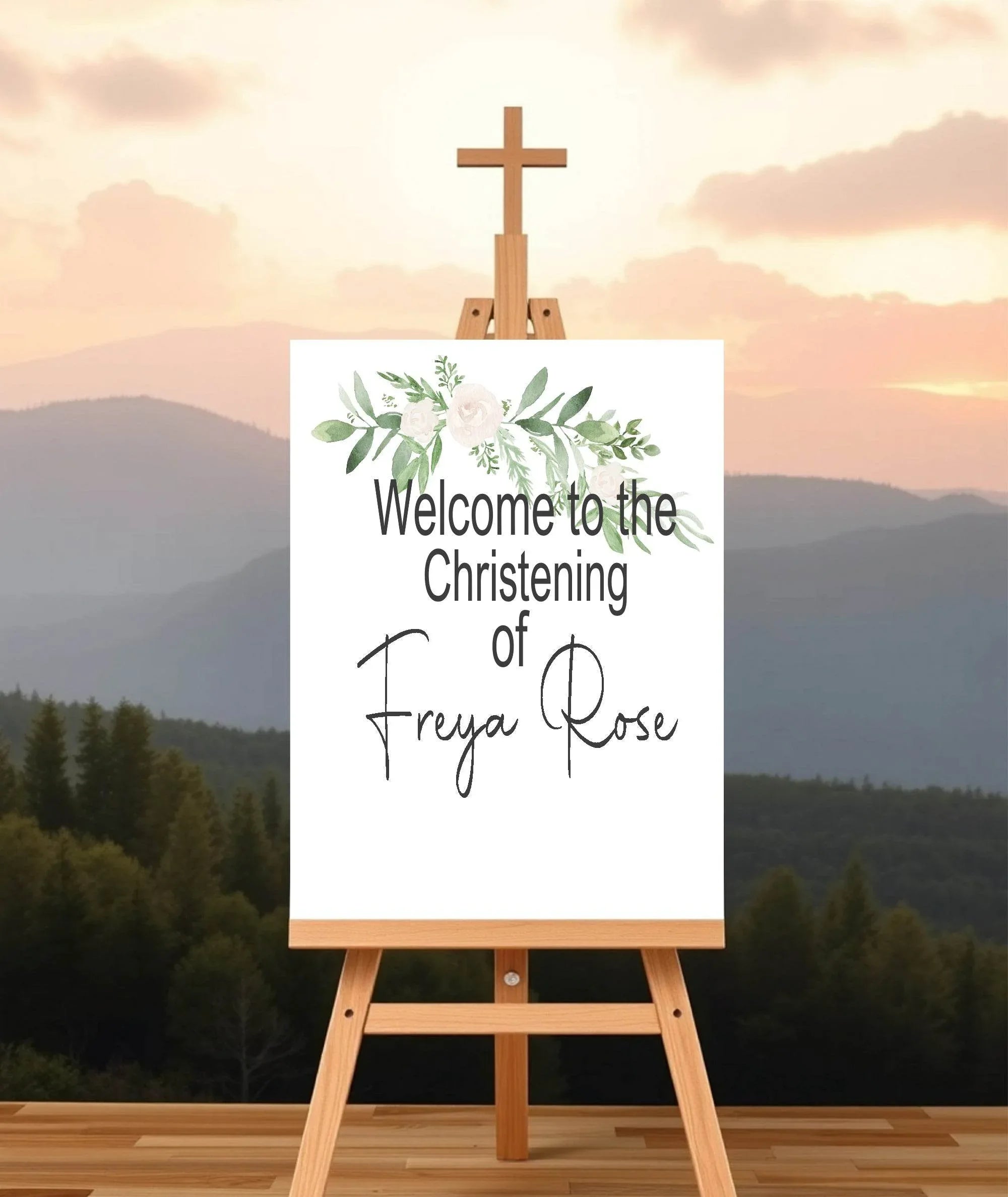 Green & White Rose Welcome Christening | Baptism Party Sign - Larosier Prints