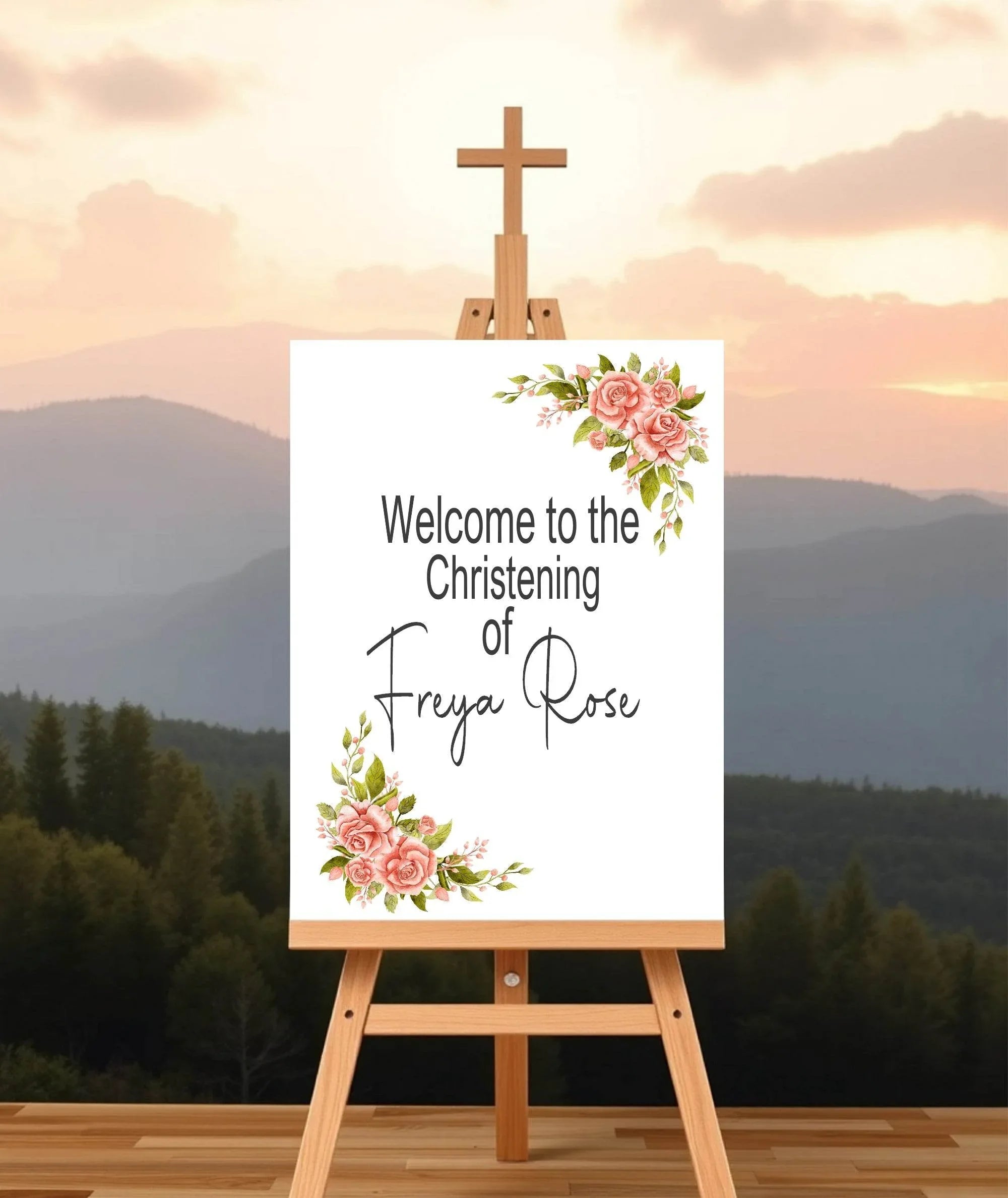 Pink Rose Welcome Christening | Baptism Party Sign - Larosier Prints