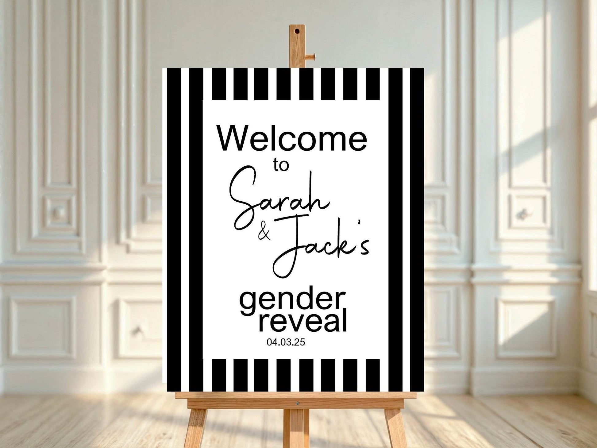 Black and White Stripe Welcome To Our Gender Reveal Party Sign