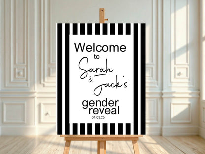 Black and White Stripe Welcome To Our Gender Reveal Party Sign